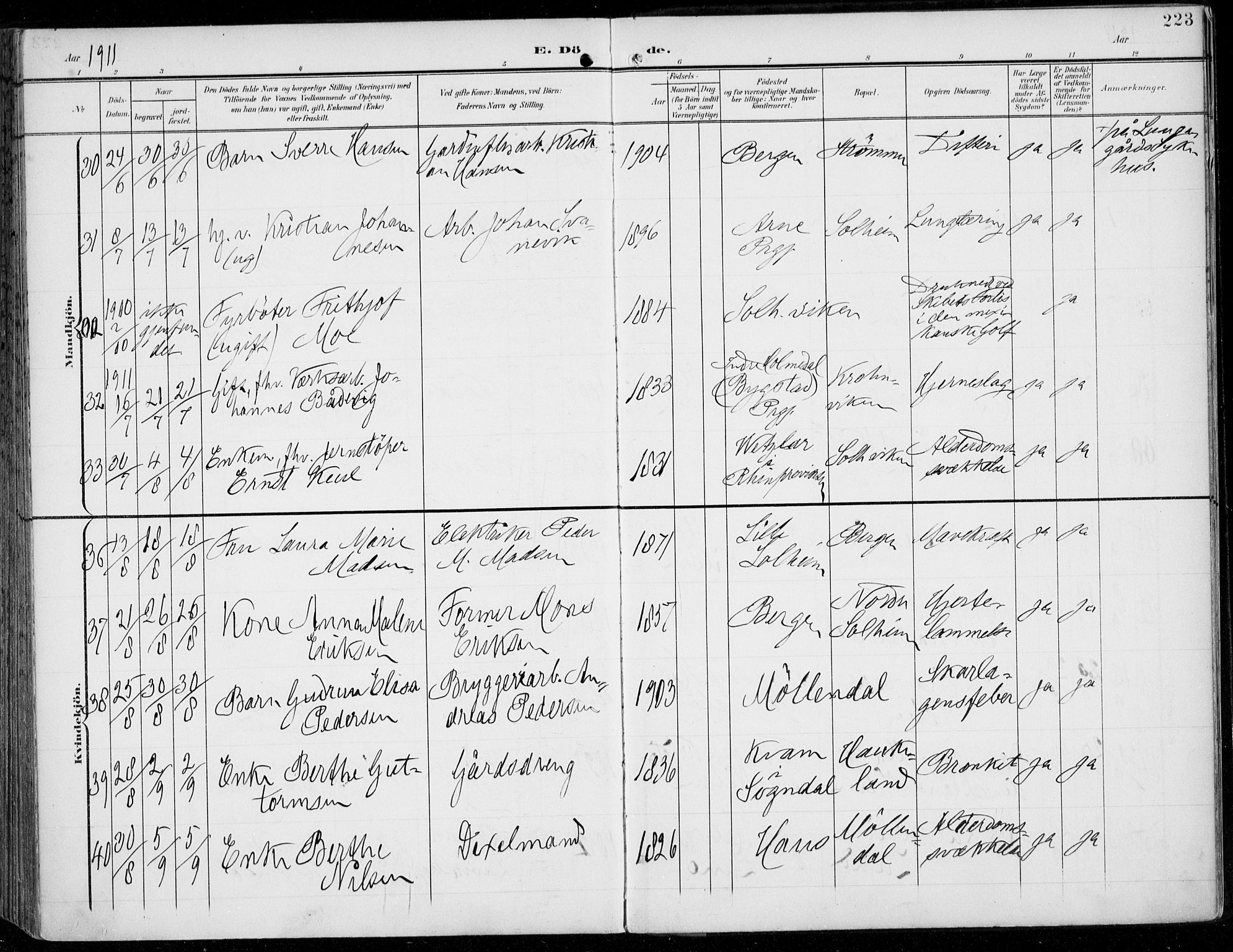 Årstad Sokneprestembete, AV/SAB-A-79301/H/Haa/L0009: Parish register (official) no. C 1, 1902-1918, p. 223