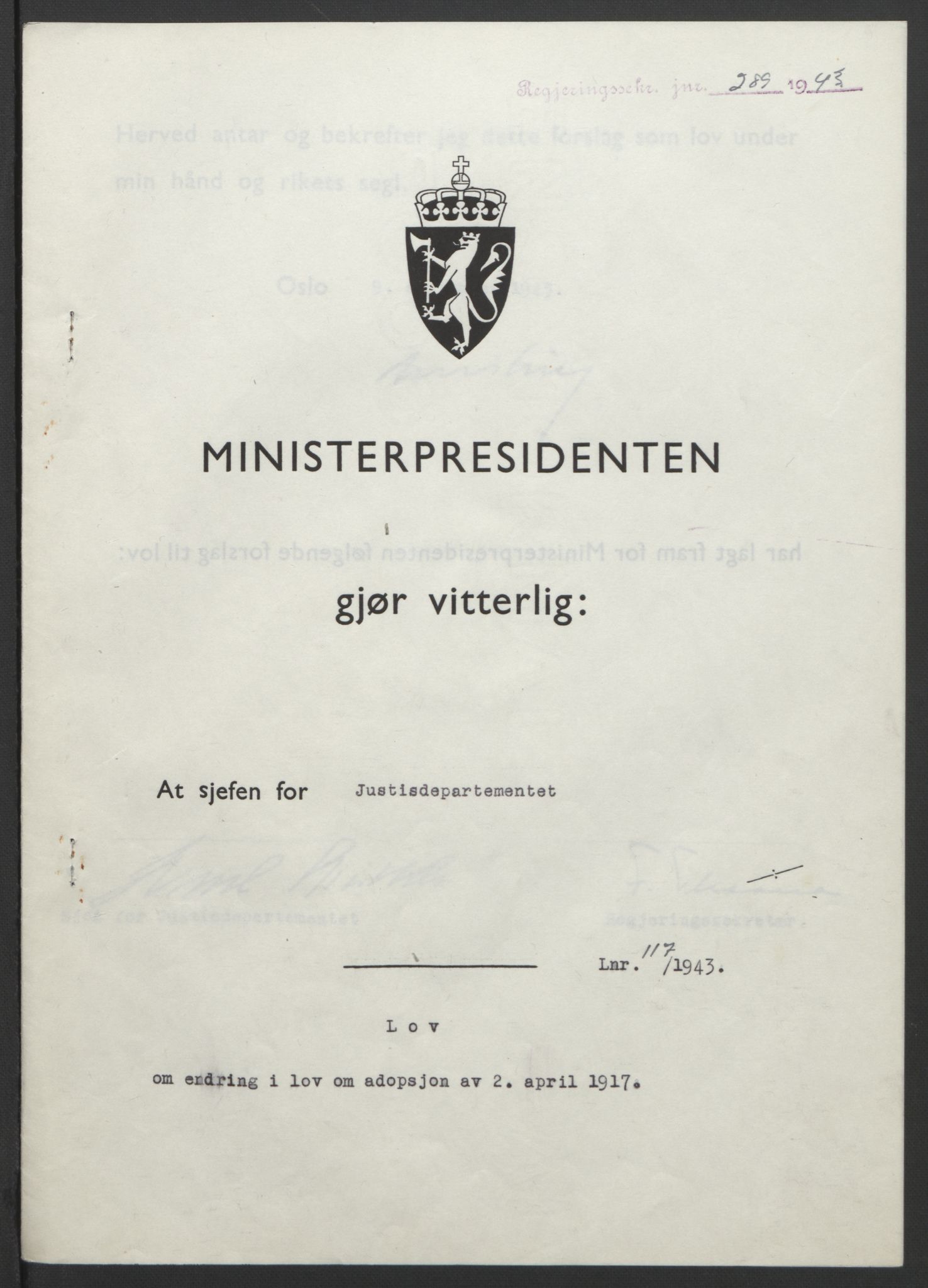 NS-administrasjonen 1940-1945 (Statsrådsekretariatet, de kommisariske statsråder mm), RA/S-4279/D/Db/L0099: Lover, 1943, p. 544