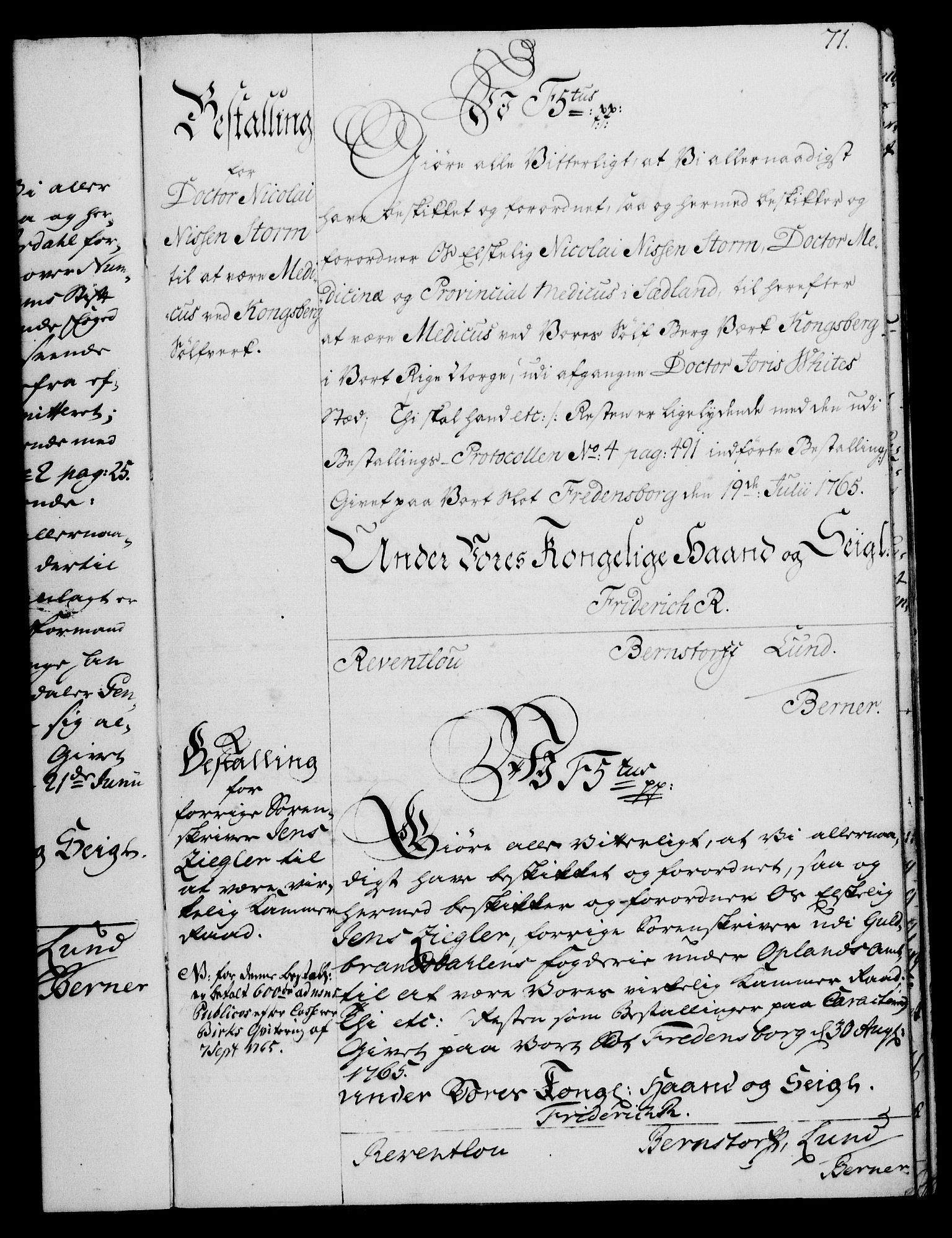 Rentekammeret, Kammerkanselliet, RA/EA-3111/G/Gg/Gge/L0004: Norsk bestallingsprotokoll med register (merket RK 53.28), 1762-1771, p. 71