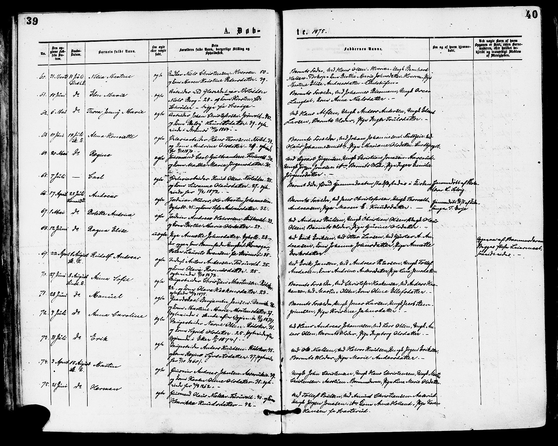 Skoger kirkebøker, AV/SAKO-A-59/F/Fa/L0005: Parish register (official) no. I 5, 1873-1884, p. 39-40