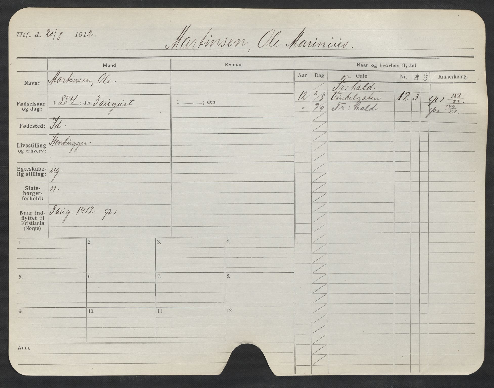 Oslo folkeregister, Registerkort, AV/SAO-A-11715/F/Fa/Fac/L0007: Menn, 1906-1914, p. 600a