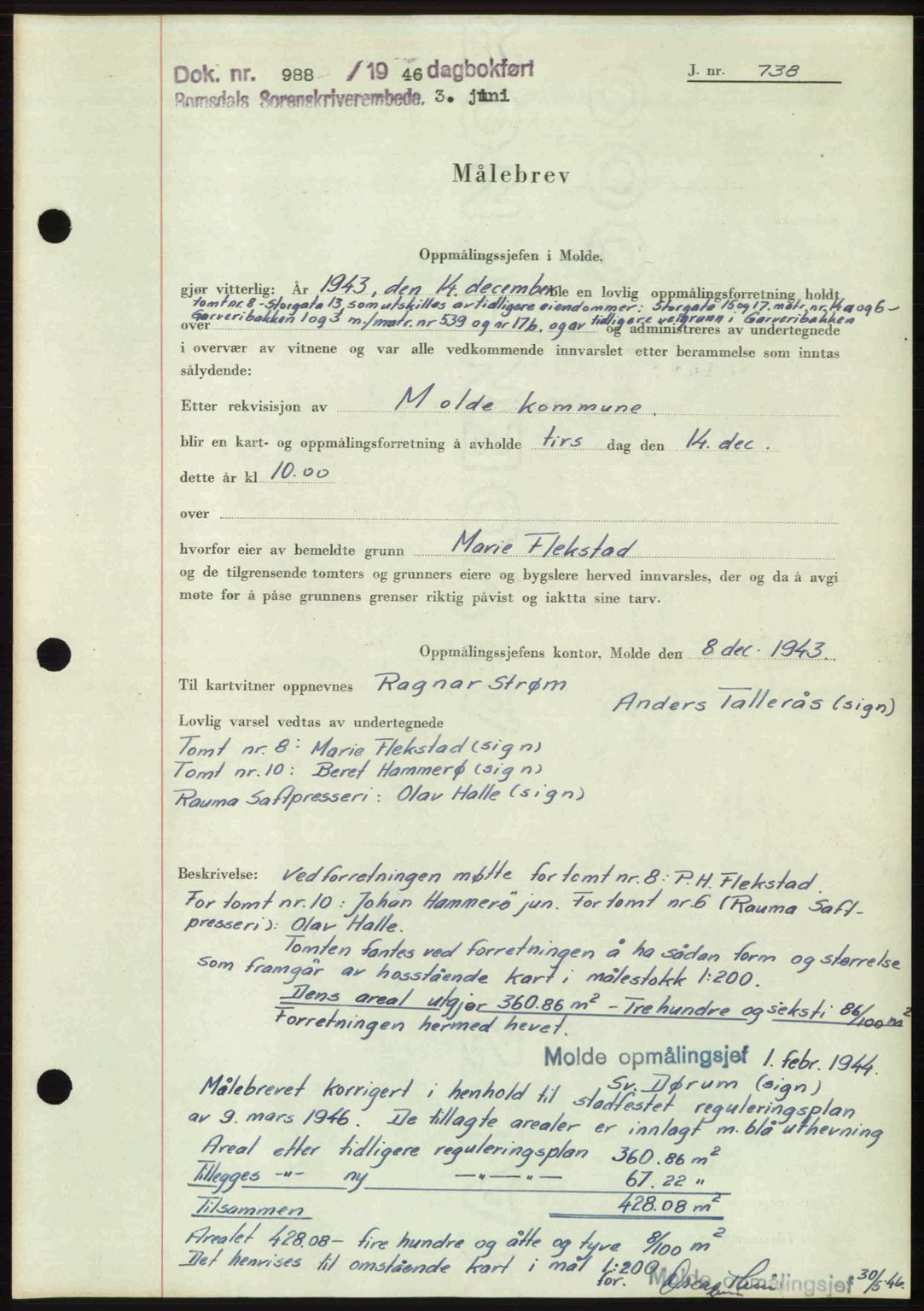 Romsdal sorenskriveri, AV/SAT-A-4149/1/2/2C: Mortgage book no. A20, 1946-1946, Diary no: : 988/1946