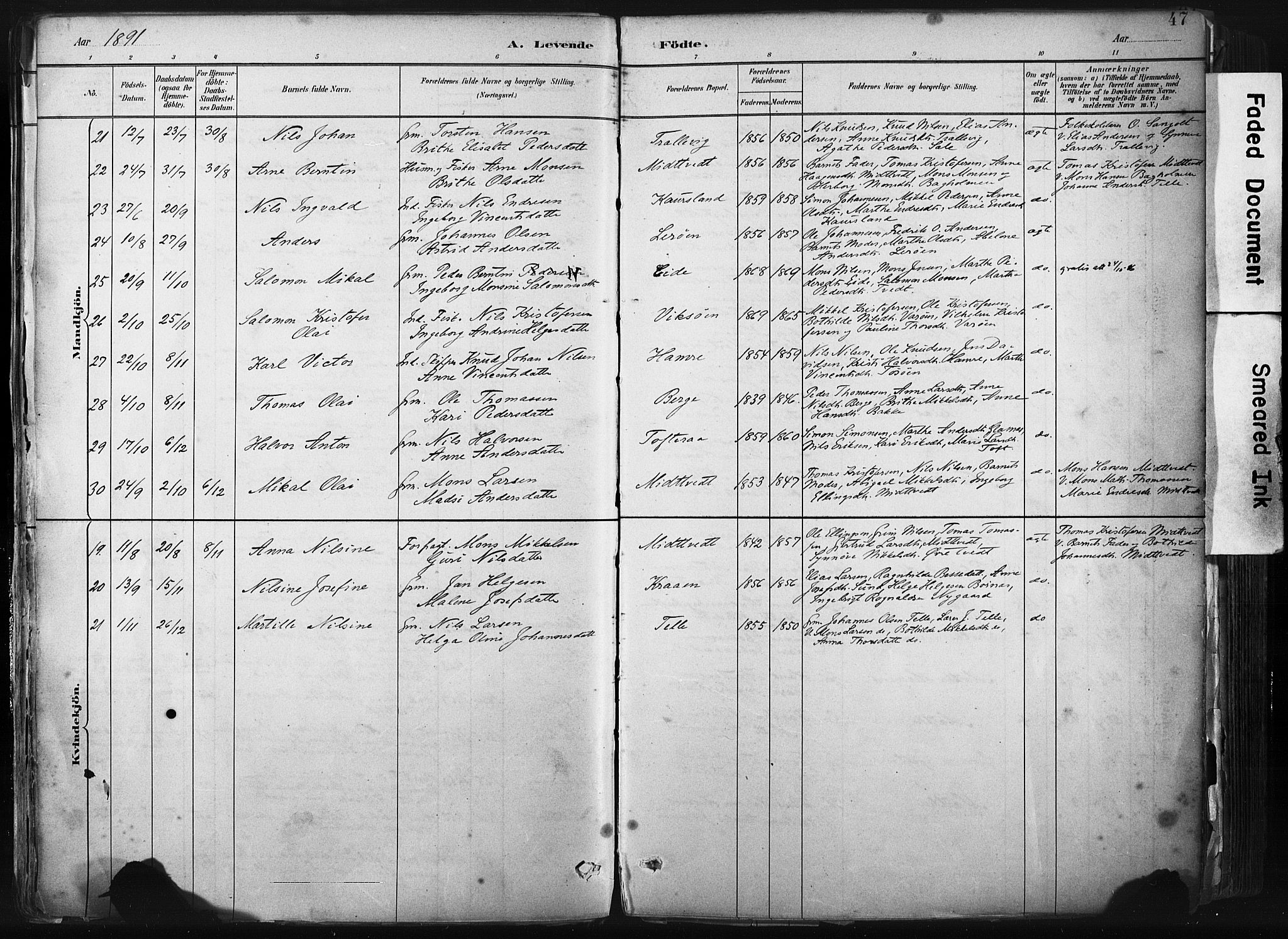 Sund sokneprestembete, AV/SAB-A-99930: Parish register (official) no. B 1, 1882-1907, p. 47