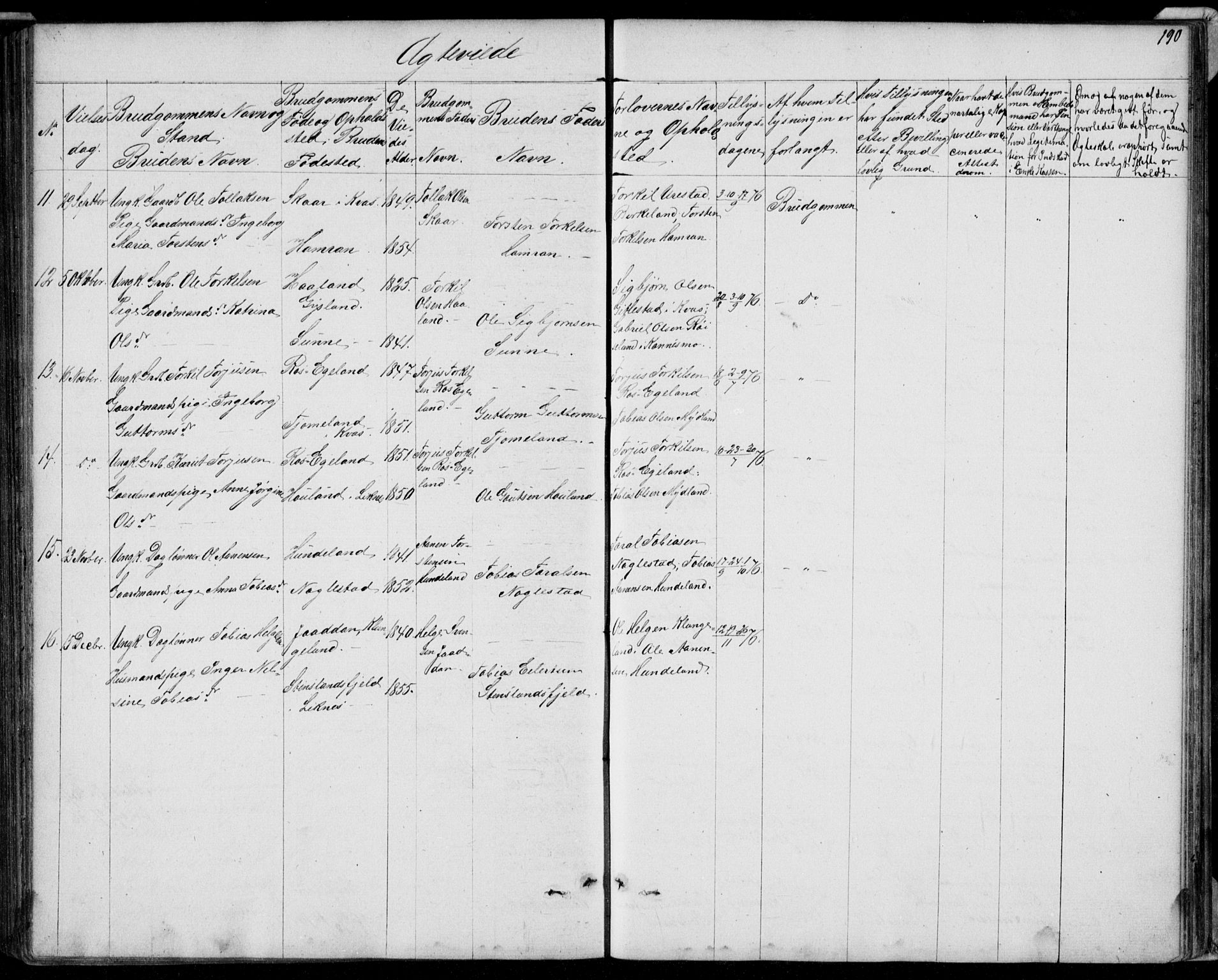 Hægebostad sokneprestkontor, AV/SAK-1111-0024/F/Fb/Fba/L0002: Parish register (copy) no. B 2, 1851-1882, p. 190