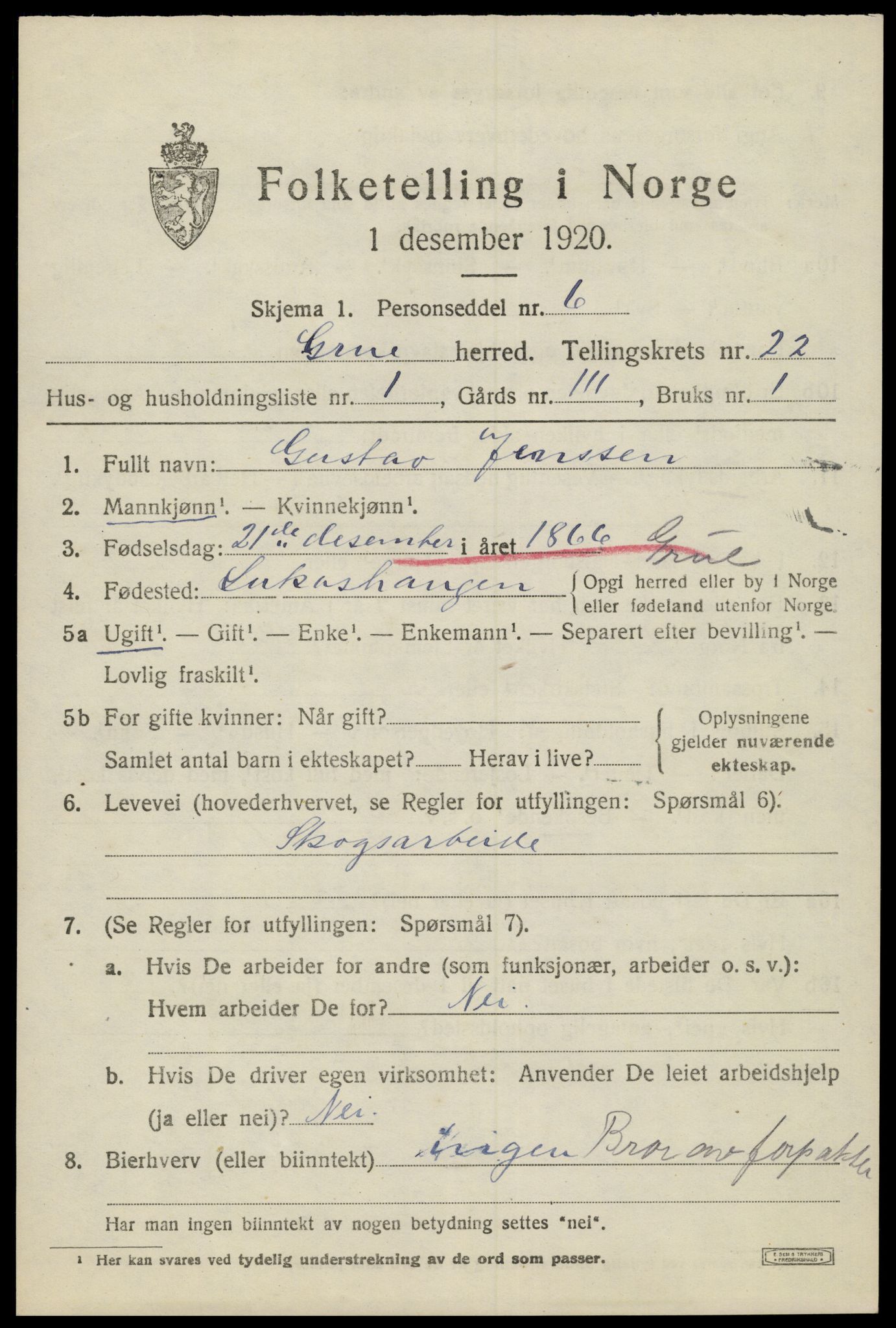 SAH, 1920 census for Grue, 1920, p. 15505