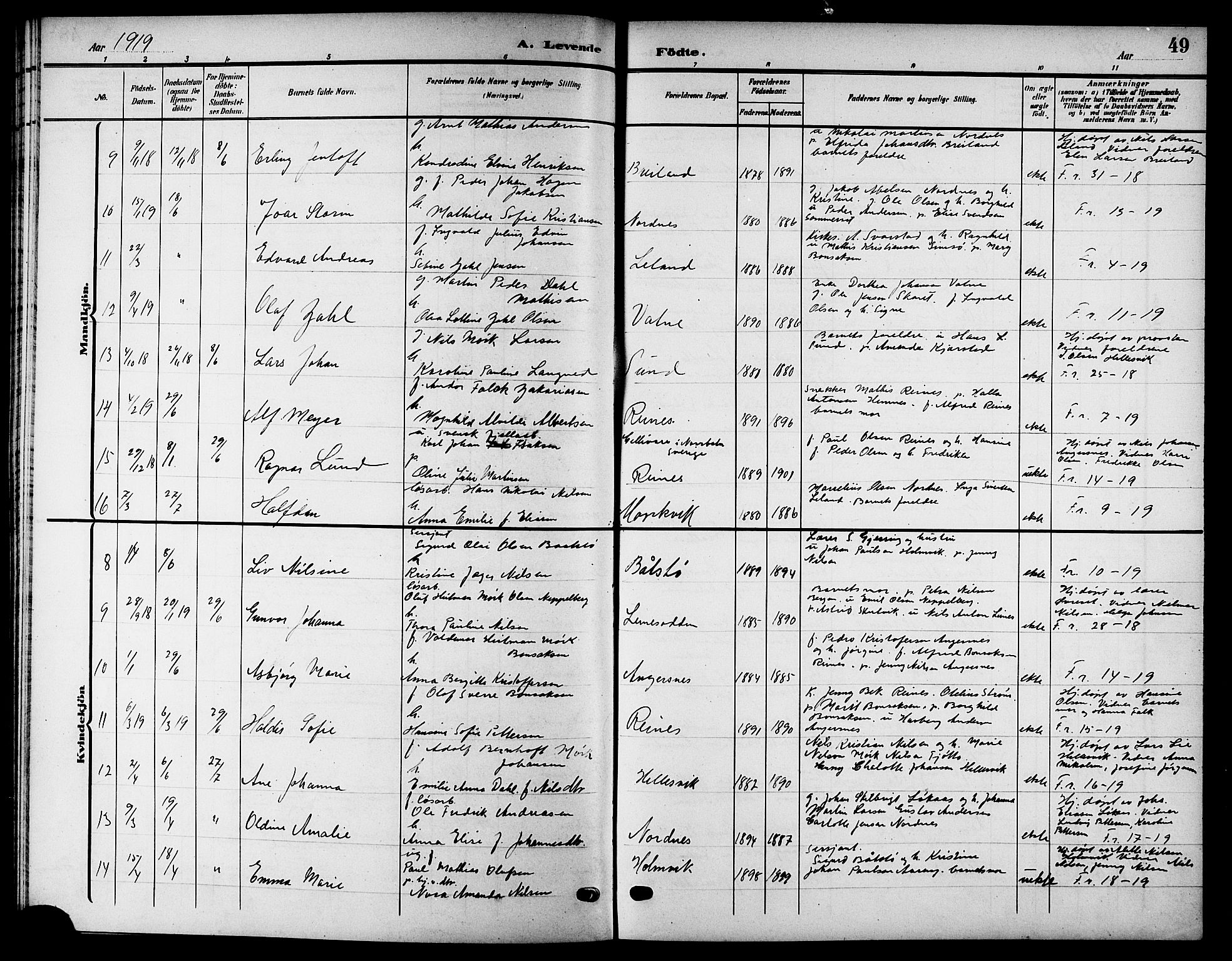 Ministerialprotokoller, klokkerbøker og fødselsregistre - Nordland, SAT/A-1459/832/L0494: Parish register (copy) no. 832C01, 1906-1922, p. 49