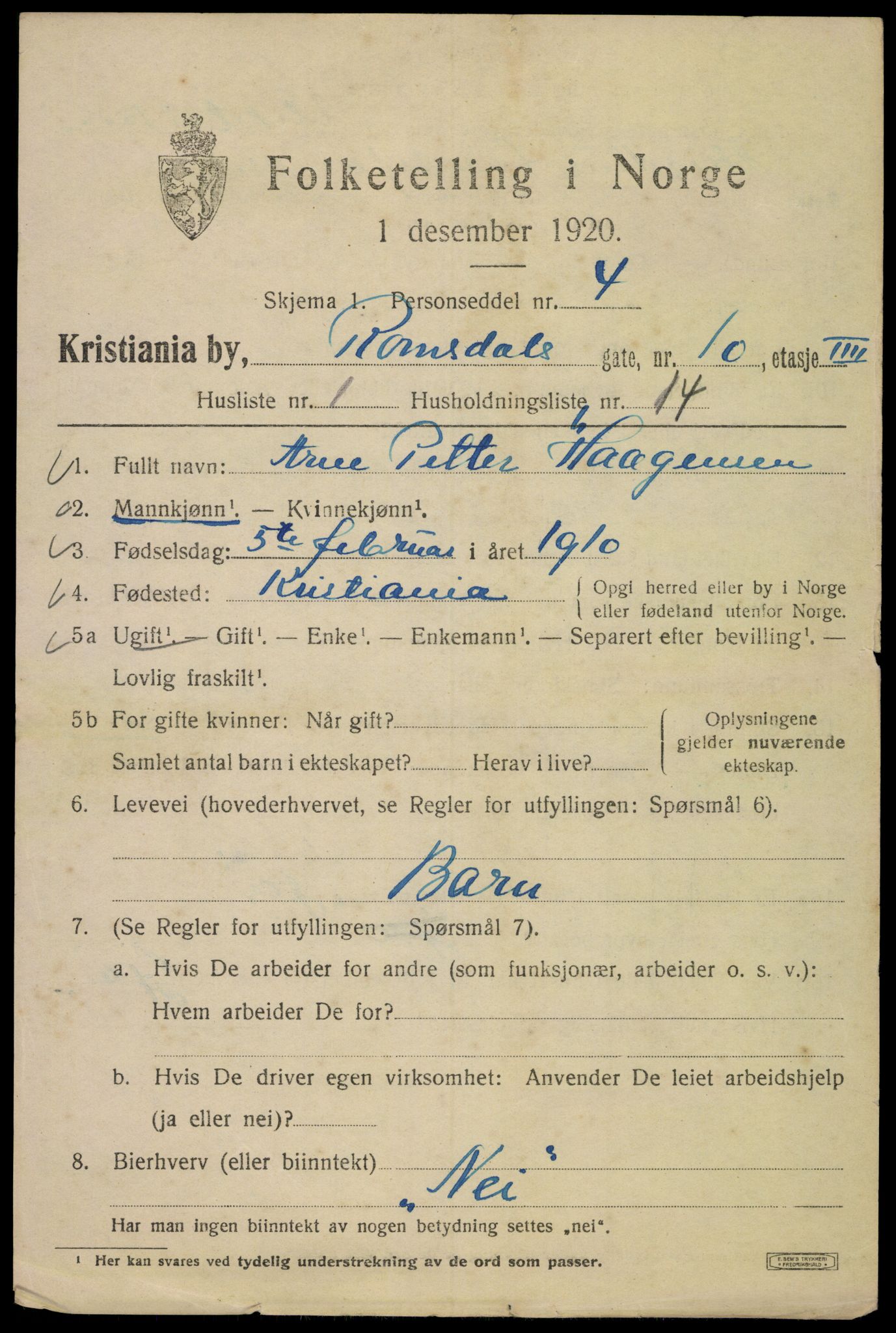 SAO, 1920 census for Kristiania, 1920, p. 463887