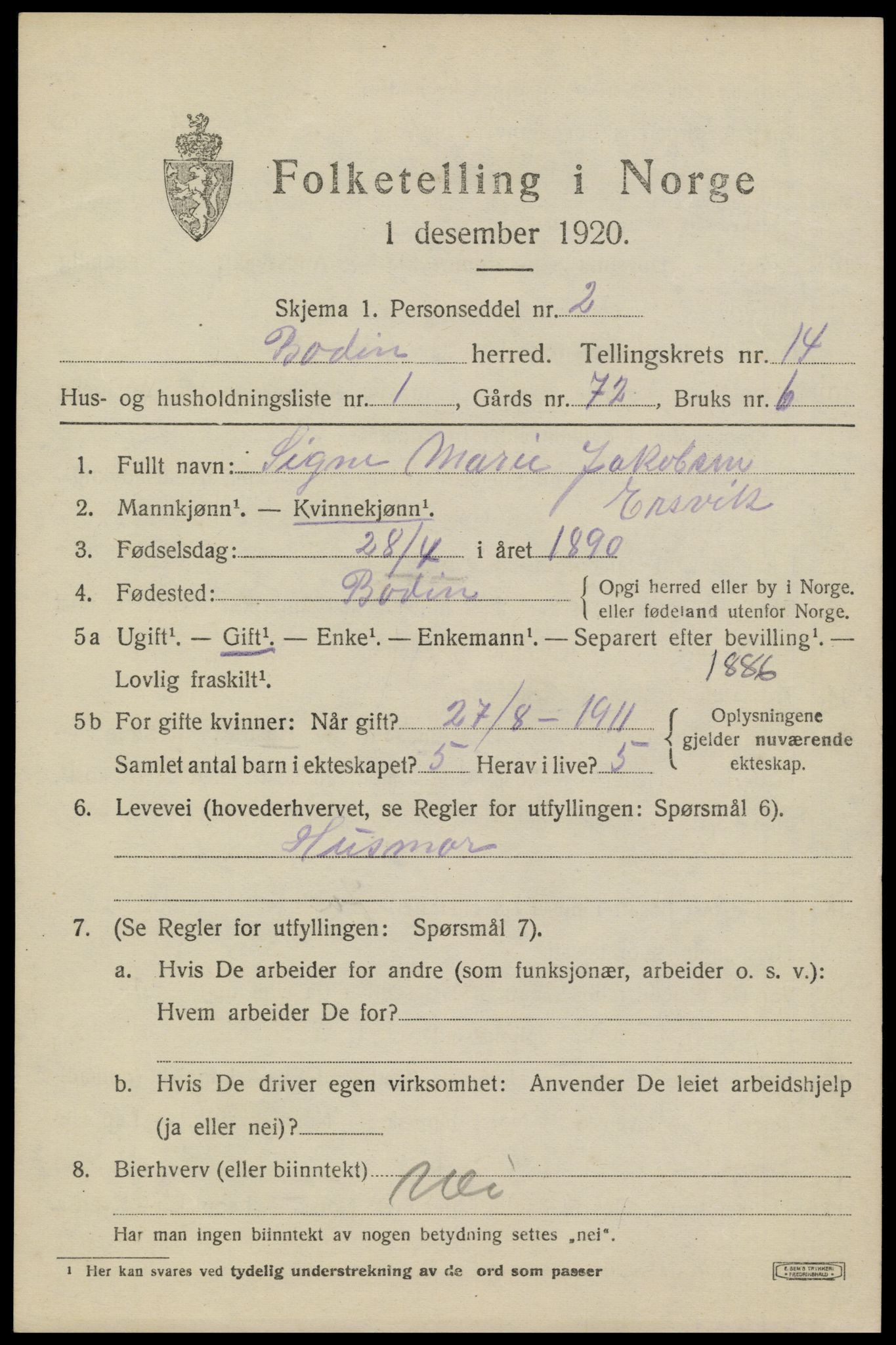 SAT, 1920 census for Bodin, 1920, p. 10124