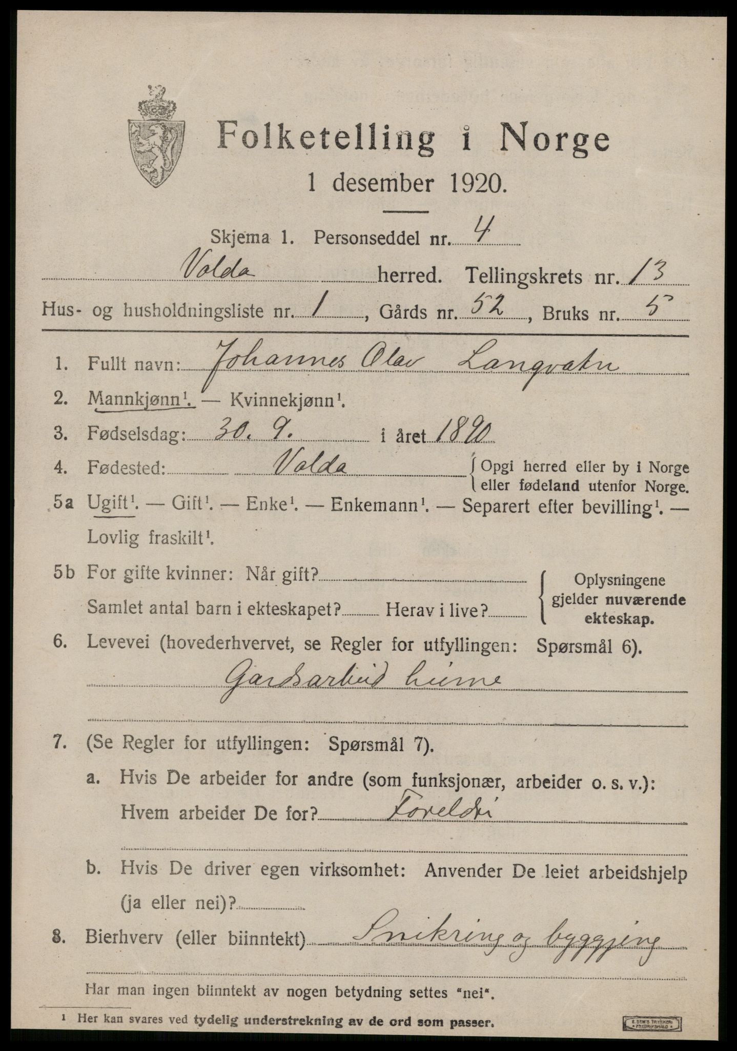 SAT, 1920 census for Volda, 1920, p. 8362