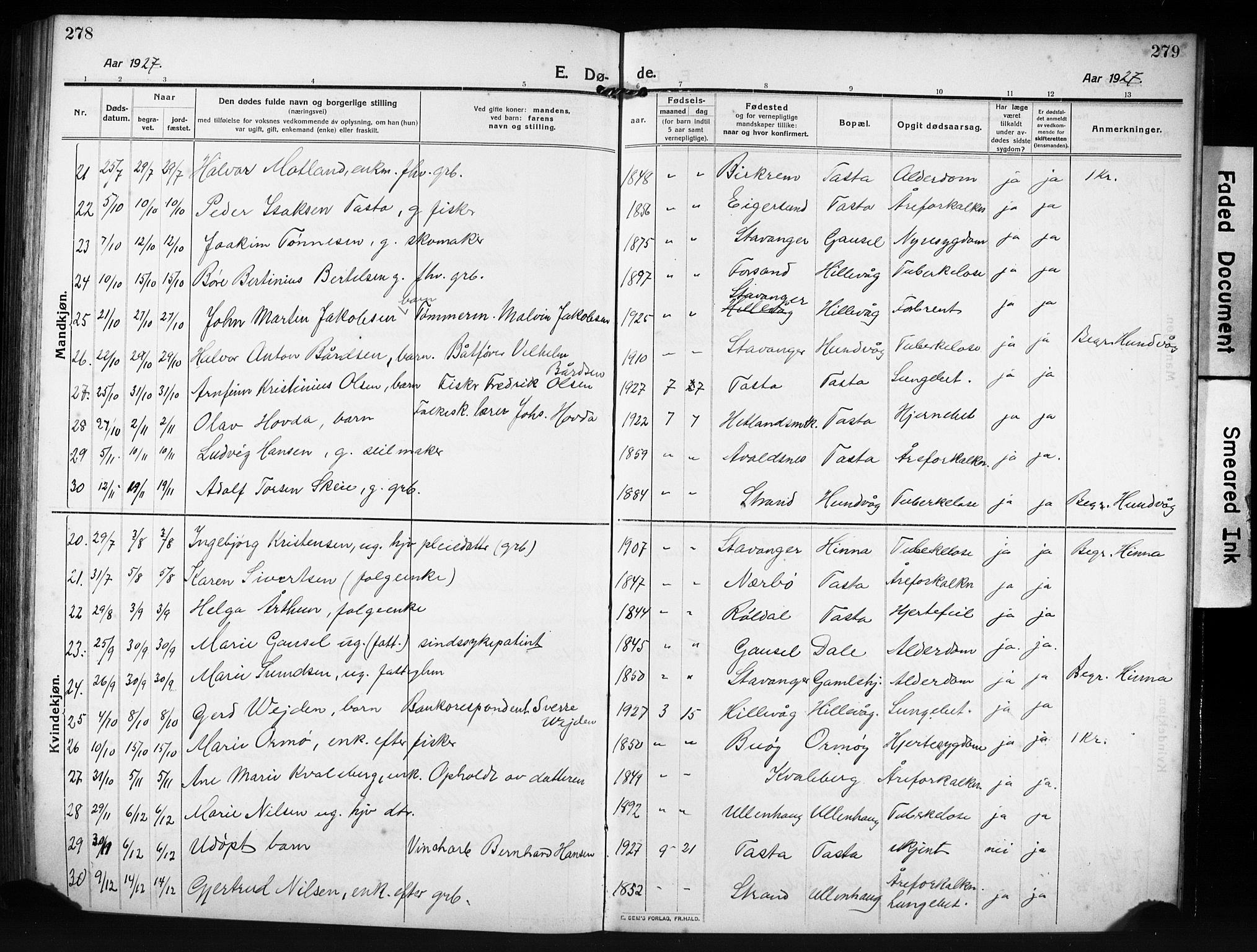 Hetland sokneprestkontor, AV/SAST-A-101826/30/30BB/L0009: Parish register (copy) no. B 9, 1910-1931, p. 278-279