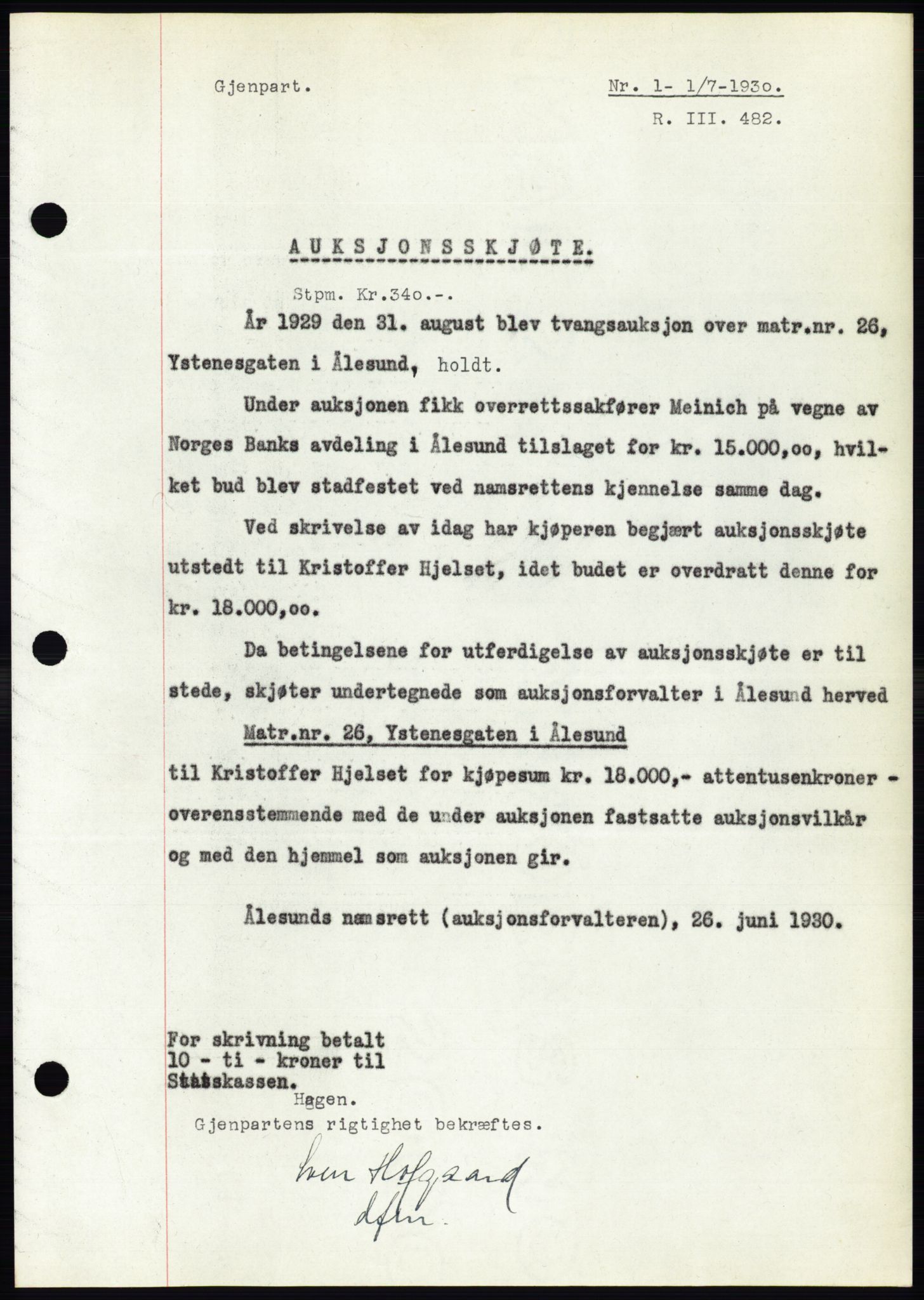 Ålesund byfogd, AV/SAT-A-4384: Mortgage book no. 26, 1930-1930, Deed date: 01.07.1930
