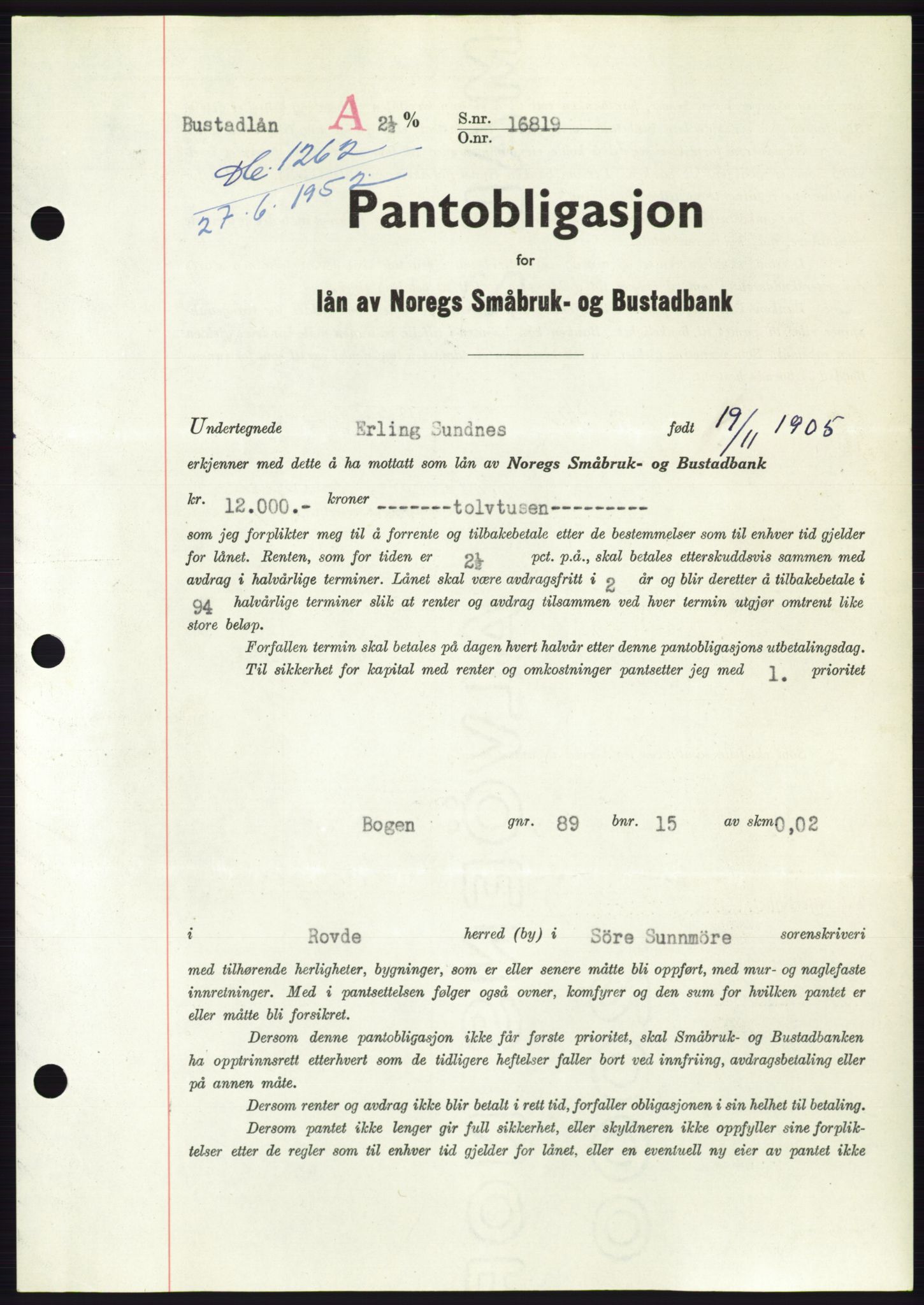 Søre Sunnmøre sorenskriveri, AV/SAT-A-4122/1/2/2C/L0121: Mortgage book no. 9B, 1951-1952, Diary no: : 1262/1952