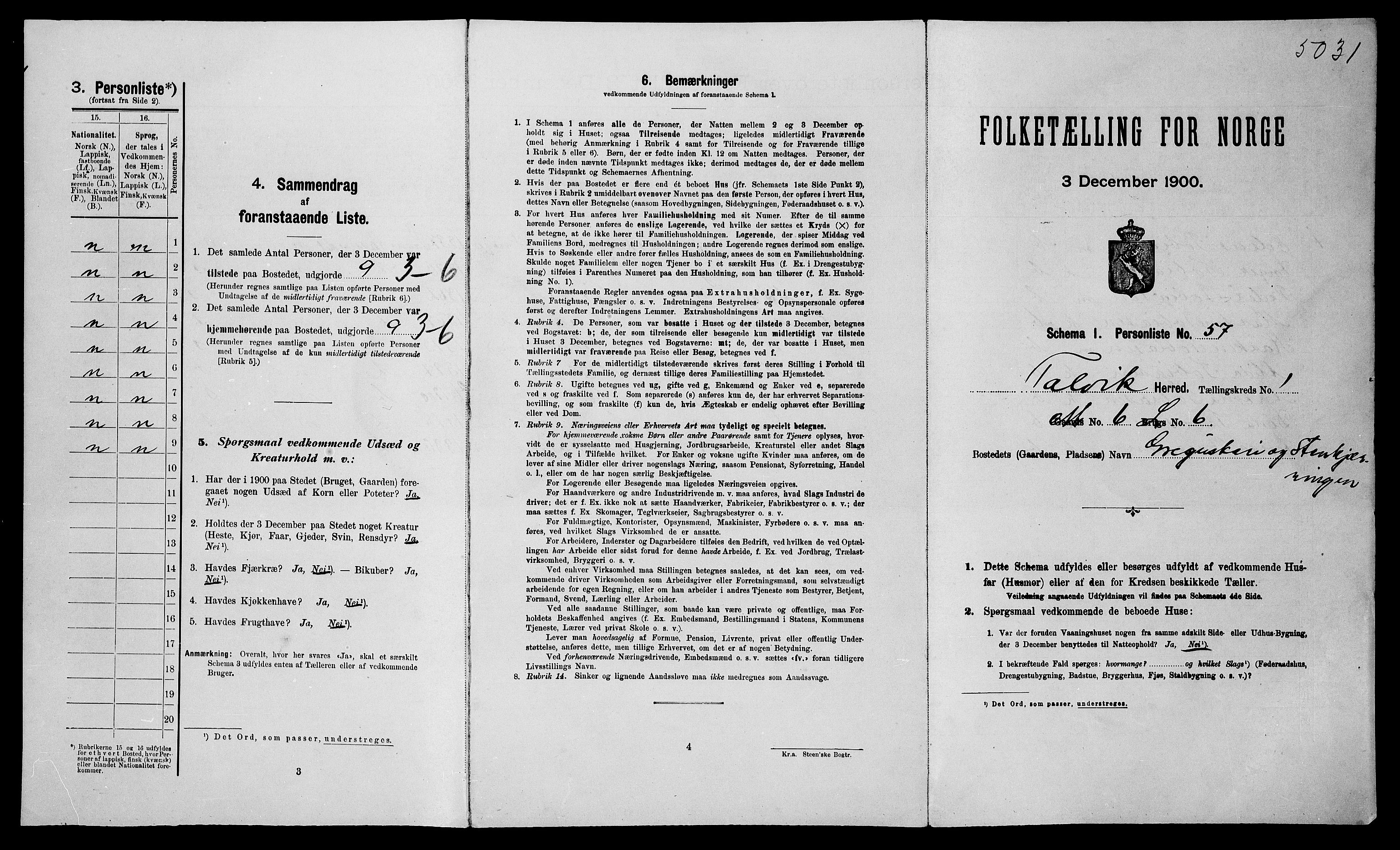 SATØ, 1900 census for Talvik, 1900, p. 188