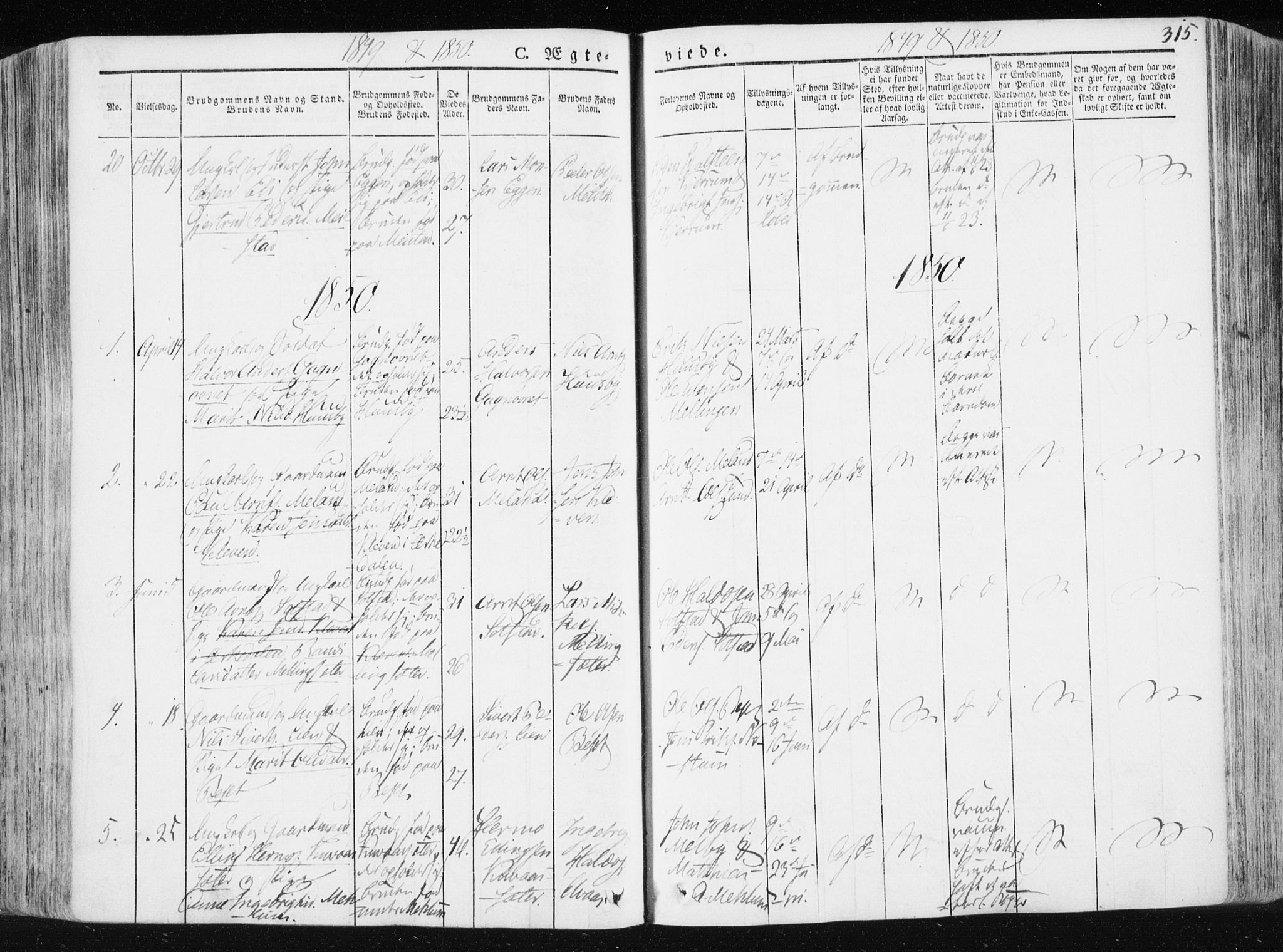 Ministerialprotokoller, klokkerbøker og fødselsregistre - Sør-Trøndelag, SAT/A-1456/665/L0771: Parish register (official) no. 665A06, 1830-1856, p. 315