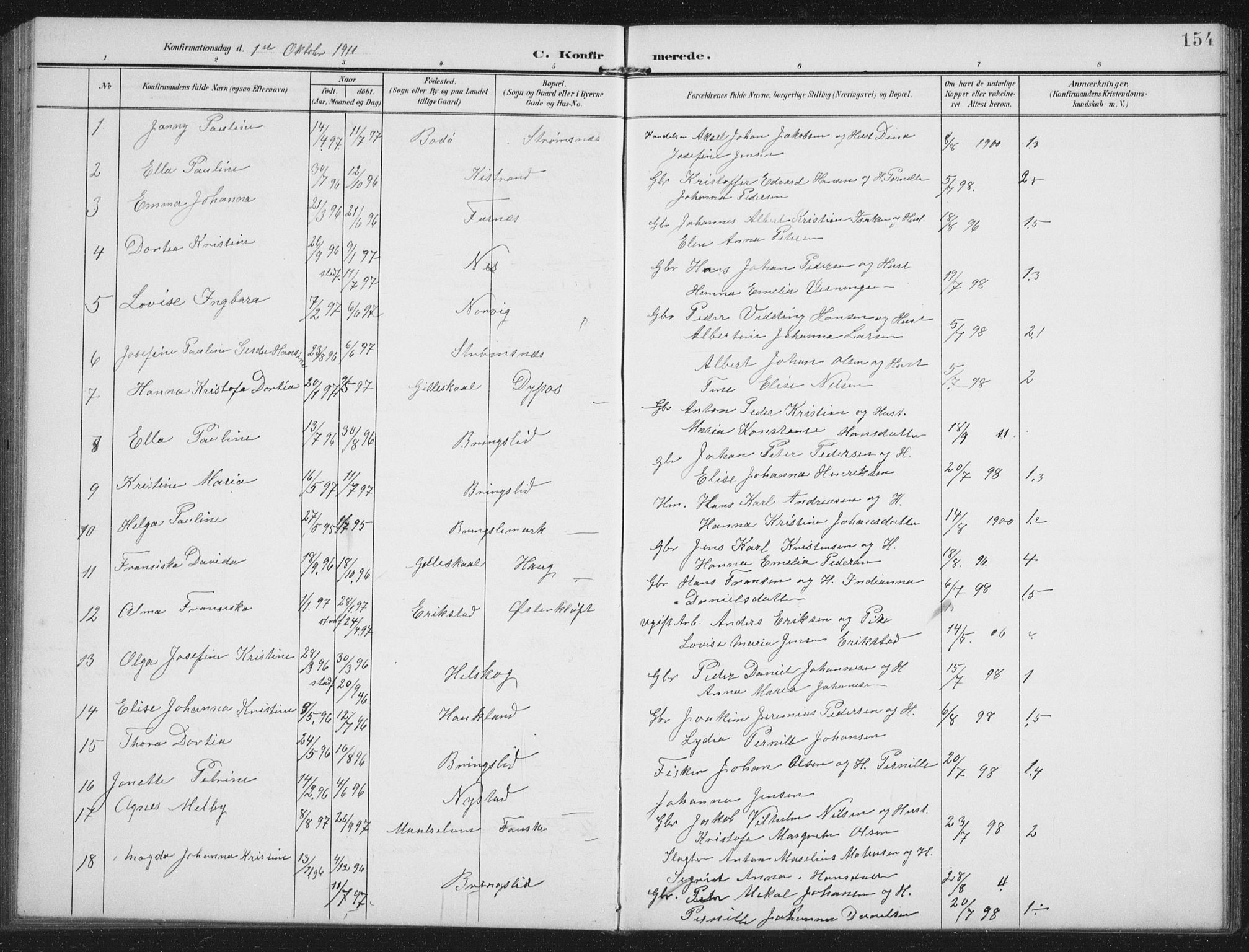 Ministerialprotokoller, klokkerbøker og fødselsregistre - Nordland, AV/SAT-A-1459/851/L0726: Parish register (copy) no. 851C01, 1902-1924, p. 154