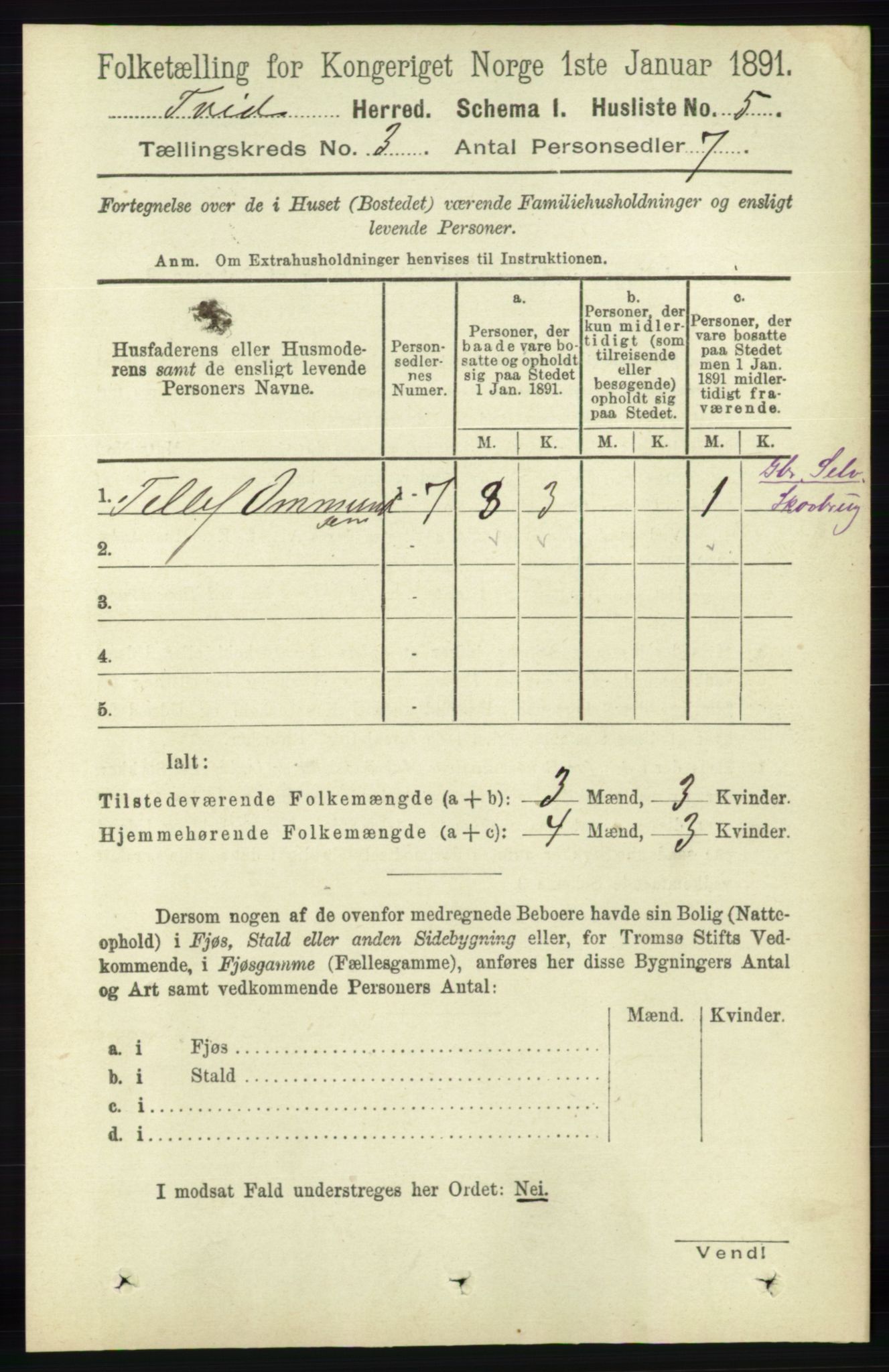 RA, 1891 census for 1013 Tveit, 1891, p. 1093