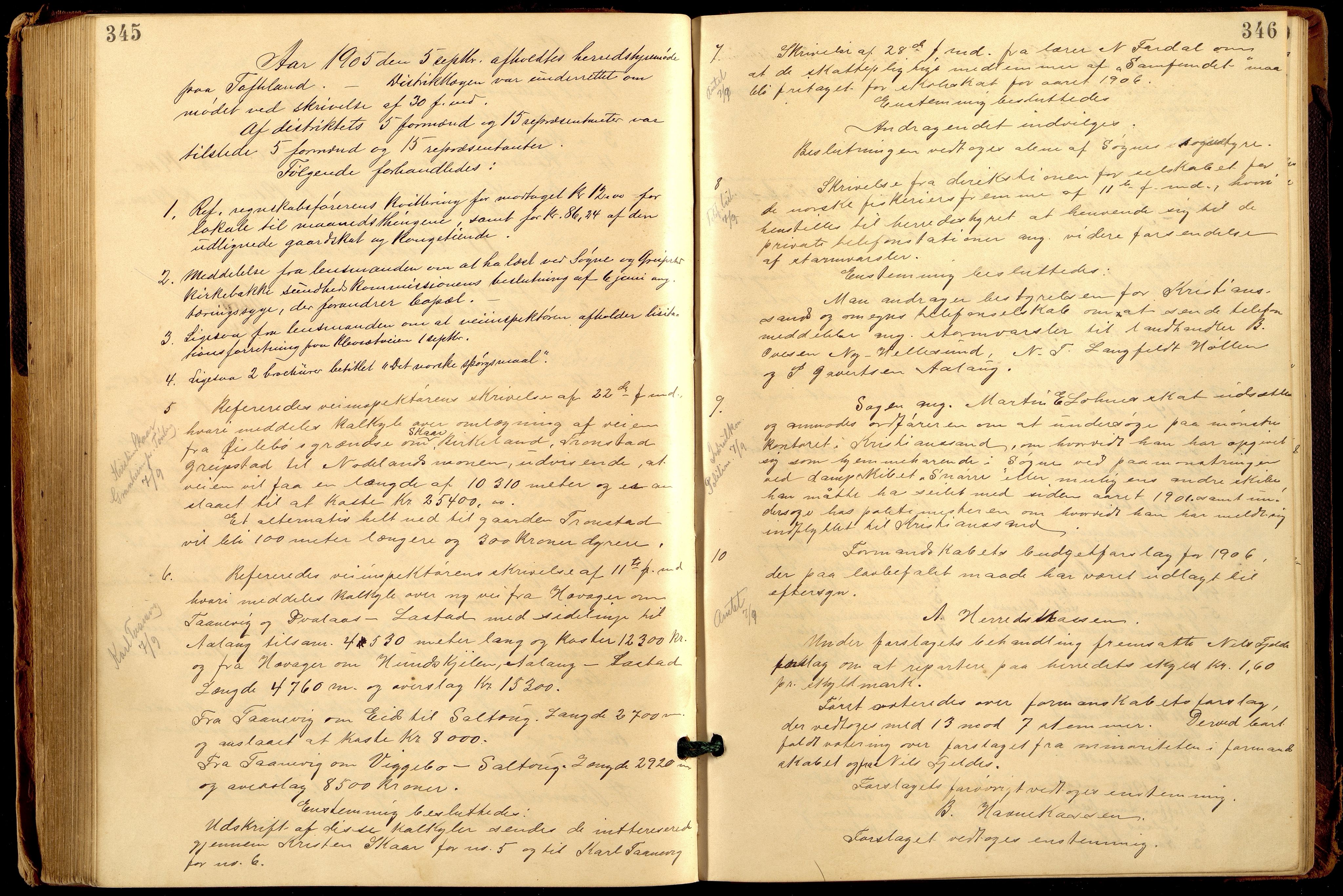 Søgne og Greipstad kommune - Formannskapet, ARKSOR/1018SG120/A/L0006: Møtebok (d), 1901-1909, p. 345-346