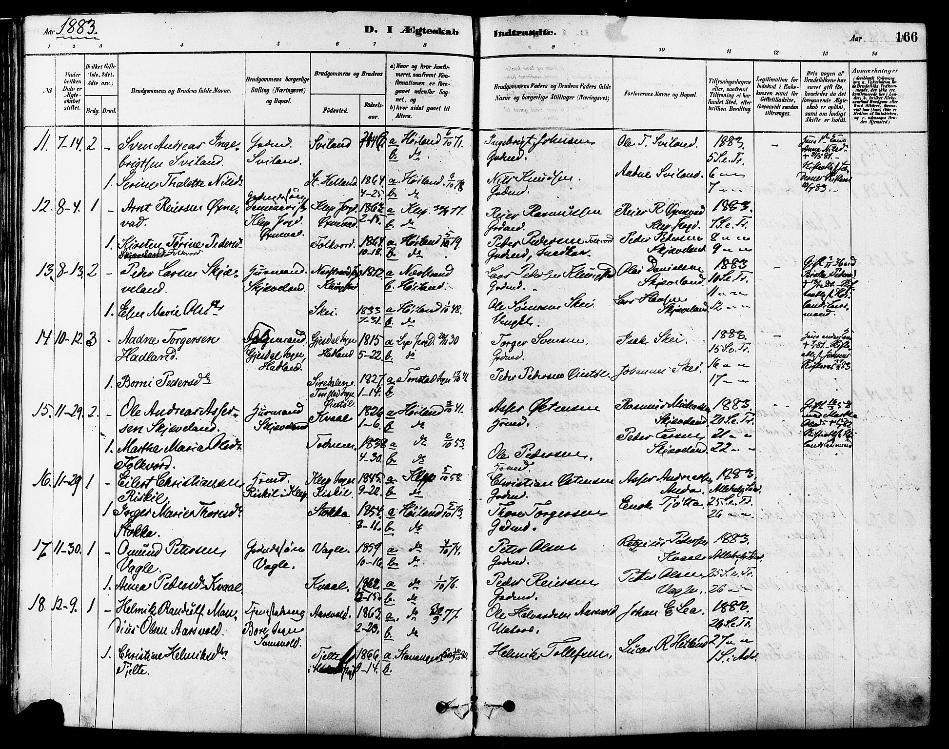 Høyland sokneprestkontor, AV/SAST-A-101799/001/30BA/L0011: Parish register (official) no. A 10, 1878-1888, p. 166