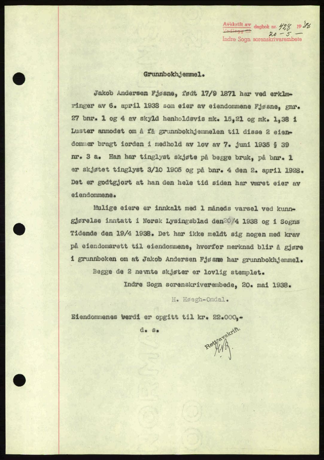 Indre Sogn tingrett, AV/SAB-A-3301/1/G/Gb/Gbb/L0001: Mortgage book no. A1, 1937-1938, Diary no: : 428/1938