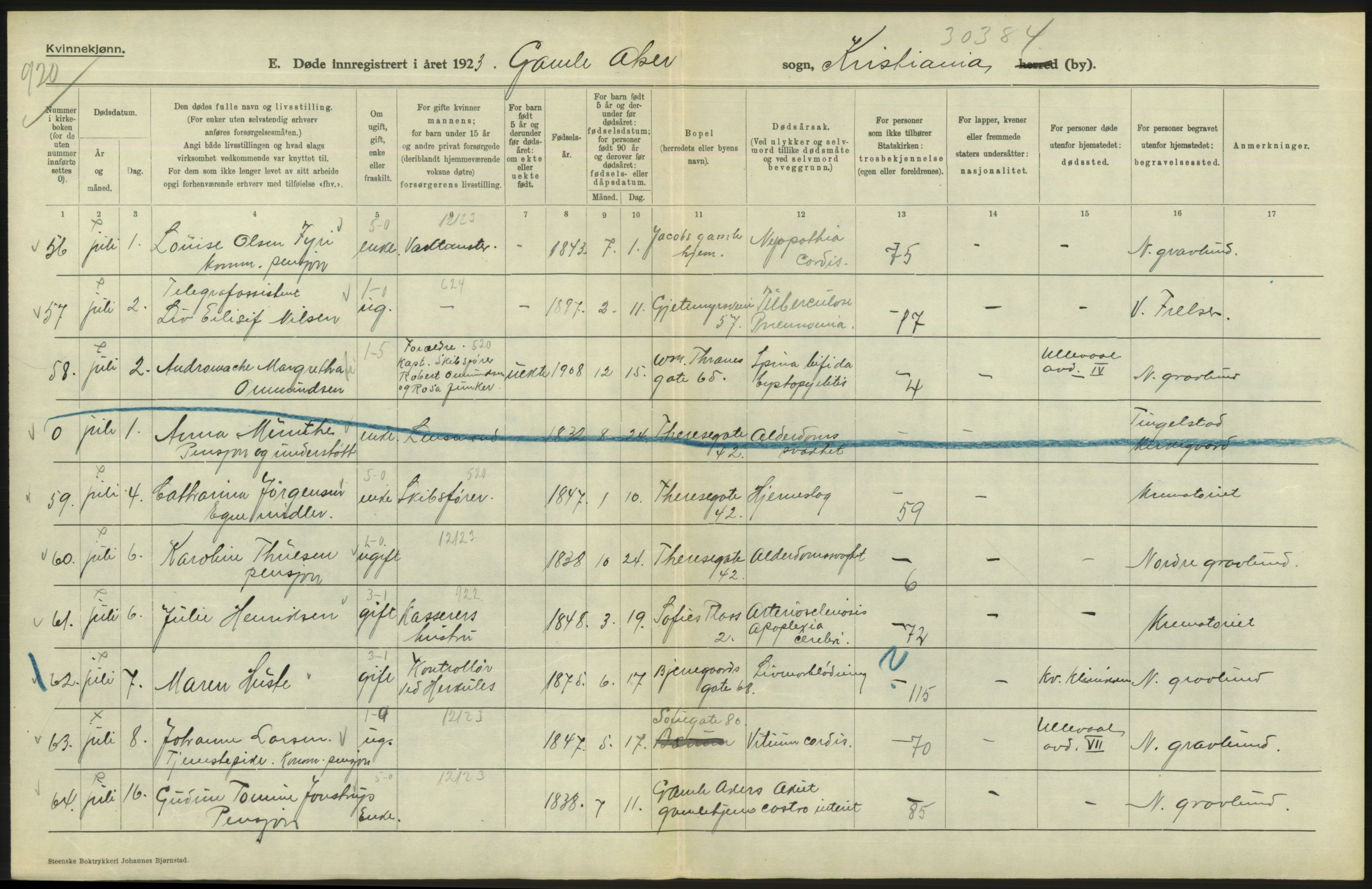 Statistisk sentralbyrå, Sosiodemografiske emner, Befolkning, RA/S-2228/D/Df/Dfc/Dfcc/L0009: Kristiania: Døde, 1923, p. 598