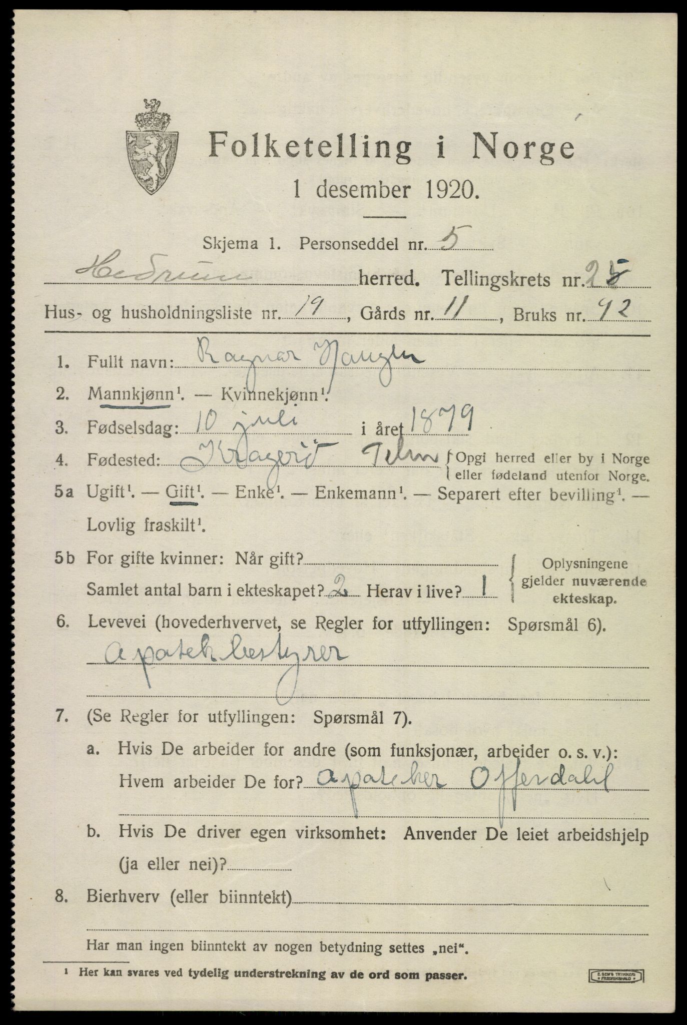 SAKO, 1920 census for Hedrum, 1920, p. 2623