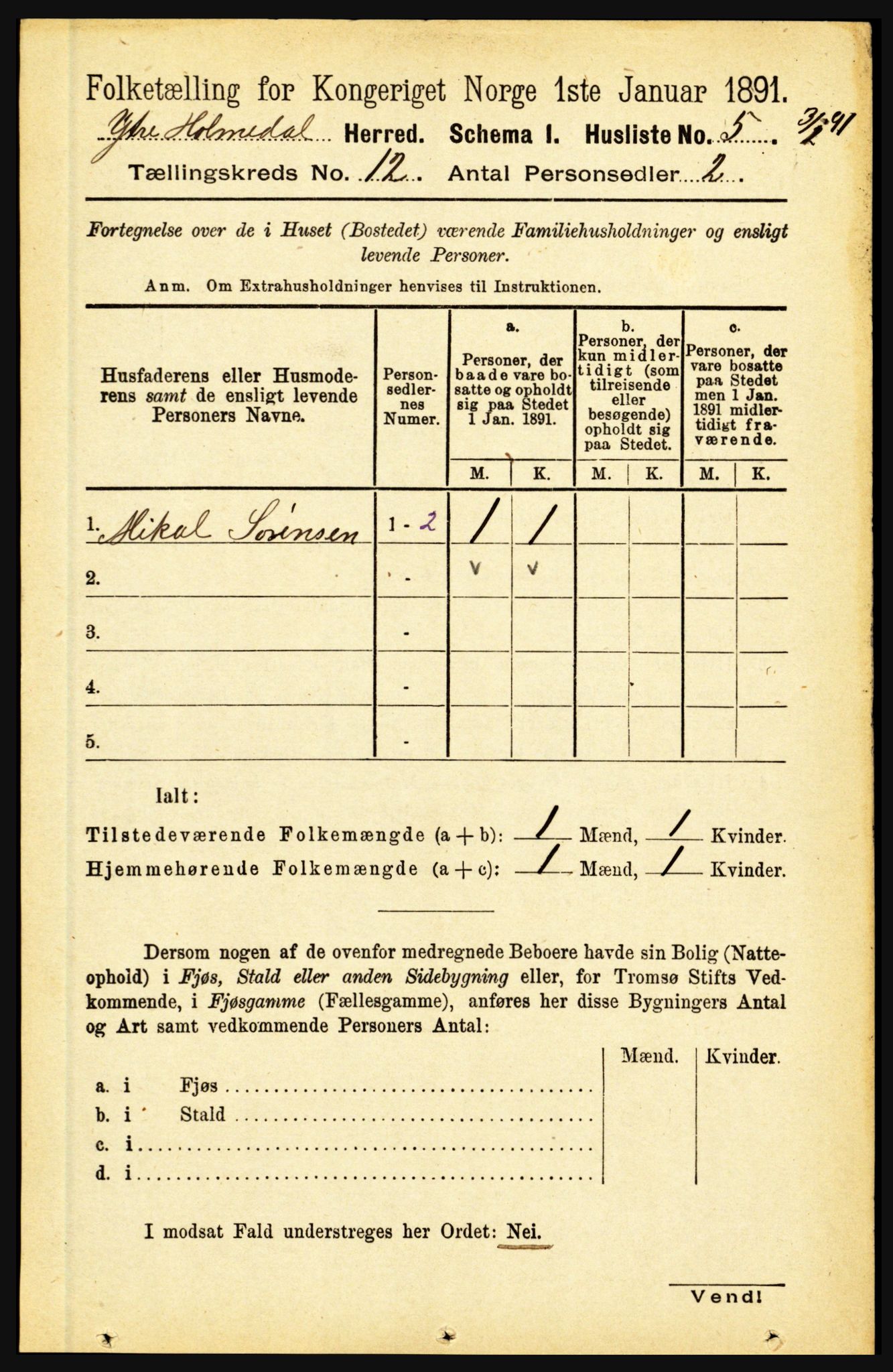 RA, 1891 census for 1429 Ytre Holmedal, 1891, p. 3150