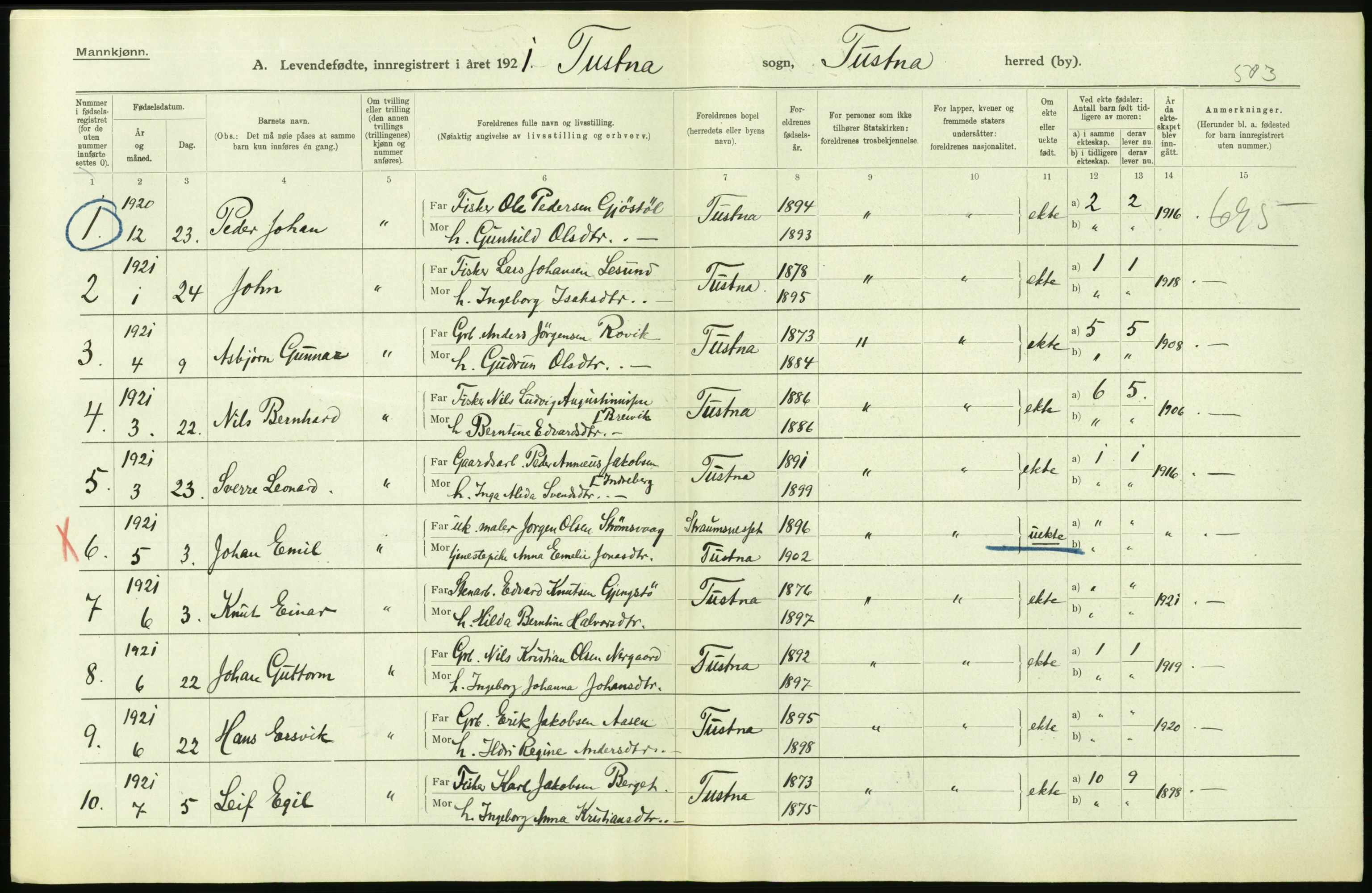 Statistisk sentralbyrå, Sosiodemografiske emner, Befolkning, RA/S-2228/D/Df/Dfc/Dfca/L0040: Møre fylke: Levendefødte menn og kvinner. Bygder., 1921, p. 628