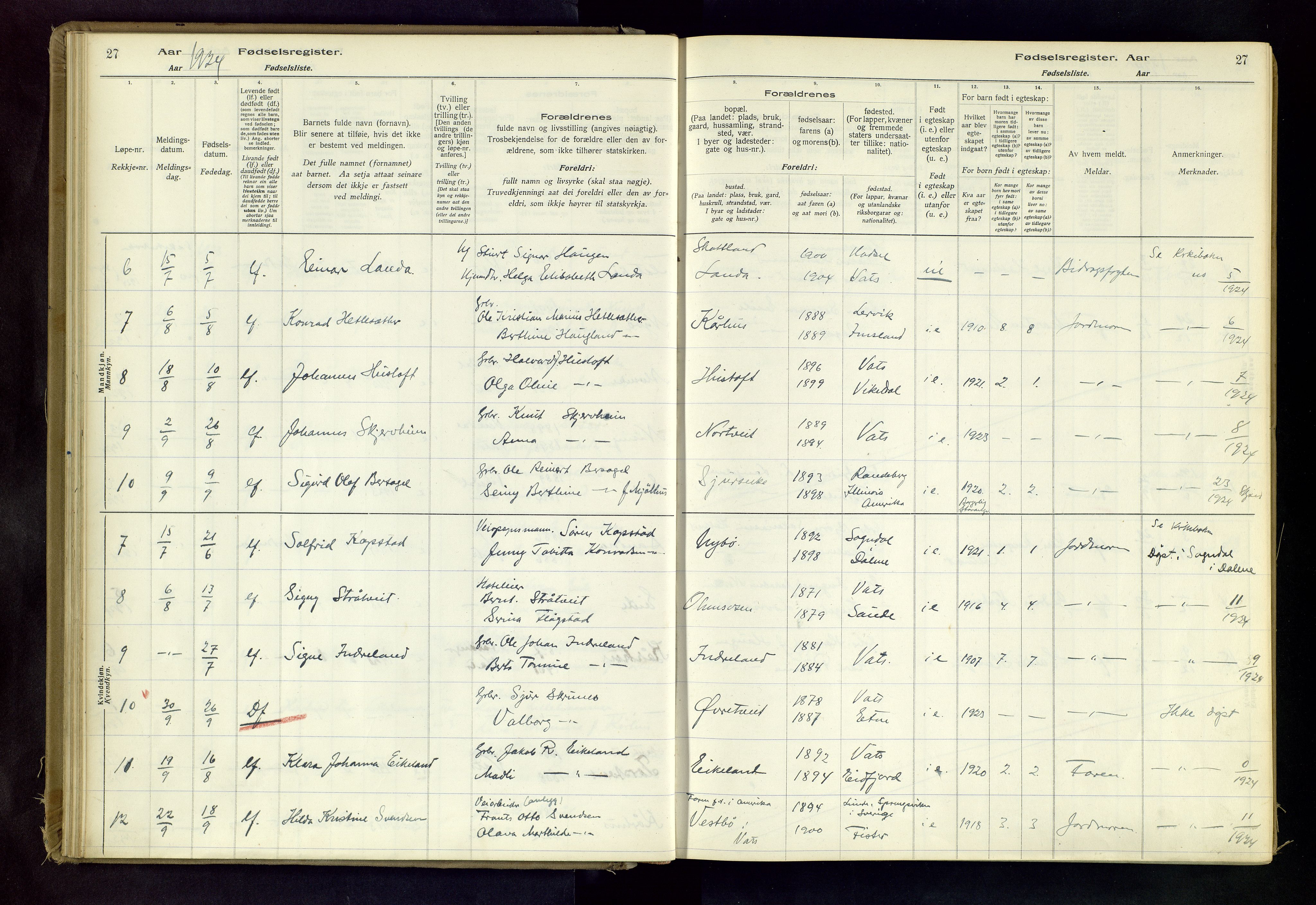 Skjold sokneprestkontor, AV/SAST-A-101847/I/Id/L0003: Birth register no. 3, 1917-1982, p. 27