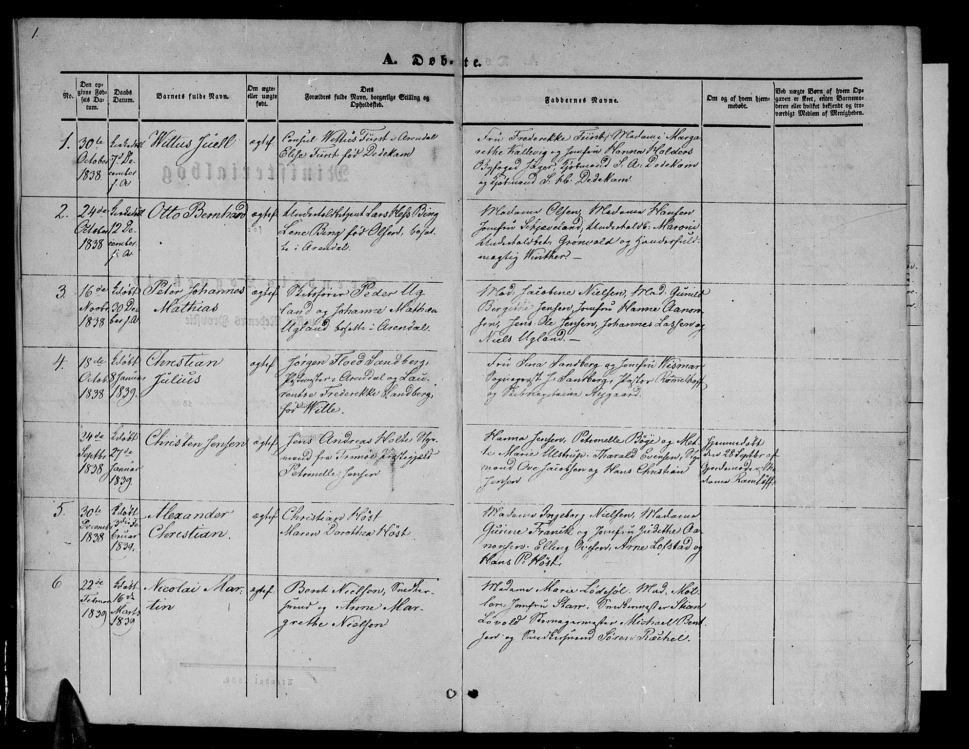 Arendal sokneprestkontor, Trefoldighet, SAK/1111-0040/F/Fb/L0002: Parish register (copy) no. B 2, 1838-1860, p. 1