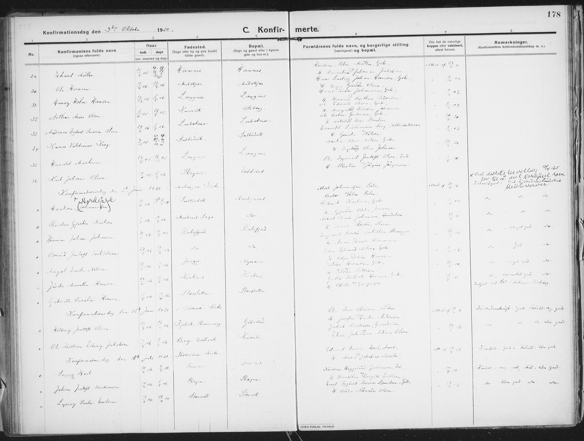 Lenvik sokneprestembete, AV/SATØ-S-1310/H/Ha/Haa/L0016kirke: Parish register (official) no. 16, 1910-1924, p. 178