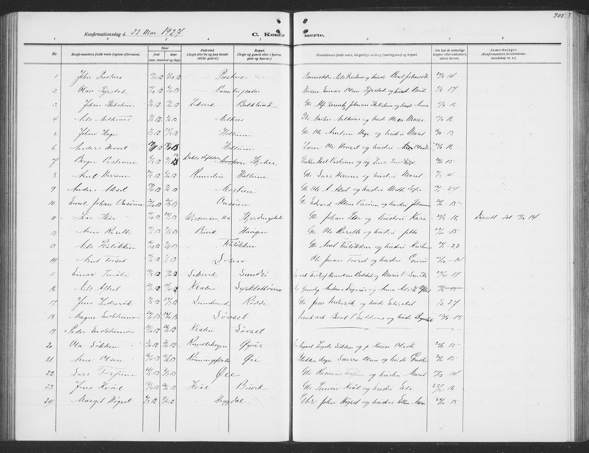 Ministerialprotokoller, klokkerbøker og fødselsregistre - Sør-Trøndelag, SAT/A-1456/691/L1095: Parish register (copy) no. 691C06, 1912-1933, p. 205