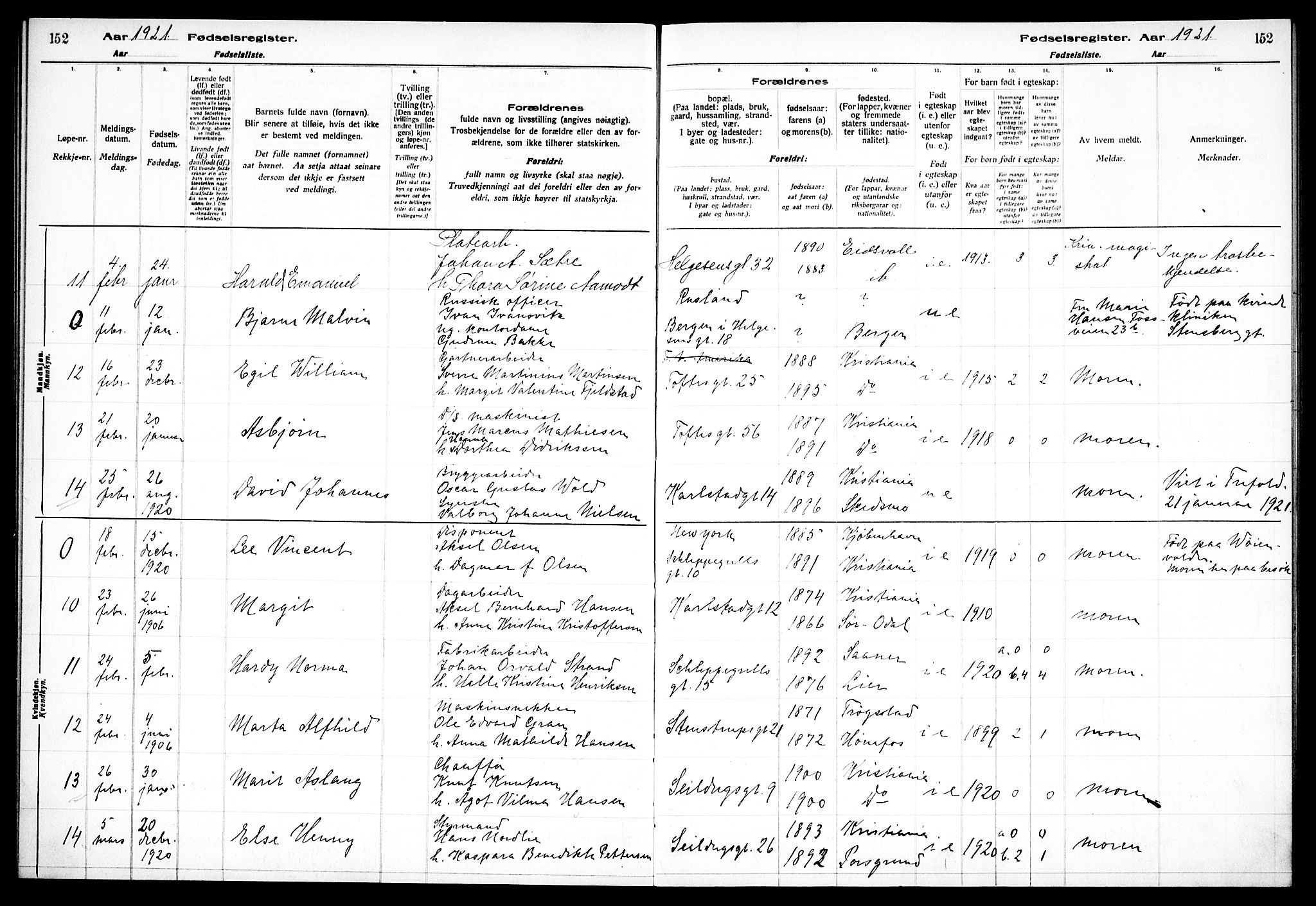 Paulus prestekontor Kirkebøker, AV/SAO-A-10871/J/Ja/L0001: Birth register no. 1, 1916-1923, p. 152