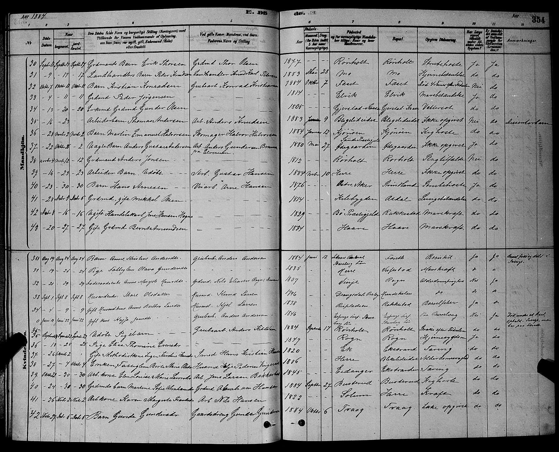 Bamble kirkebøker, AV/SAKO-A-253/G/Ga/L0008: Parish register (copy) no. I 8, 1878-1888, p. 354