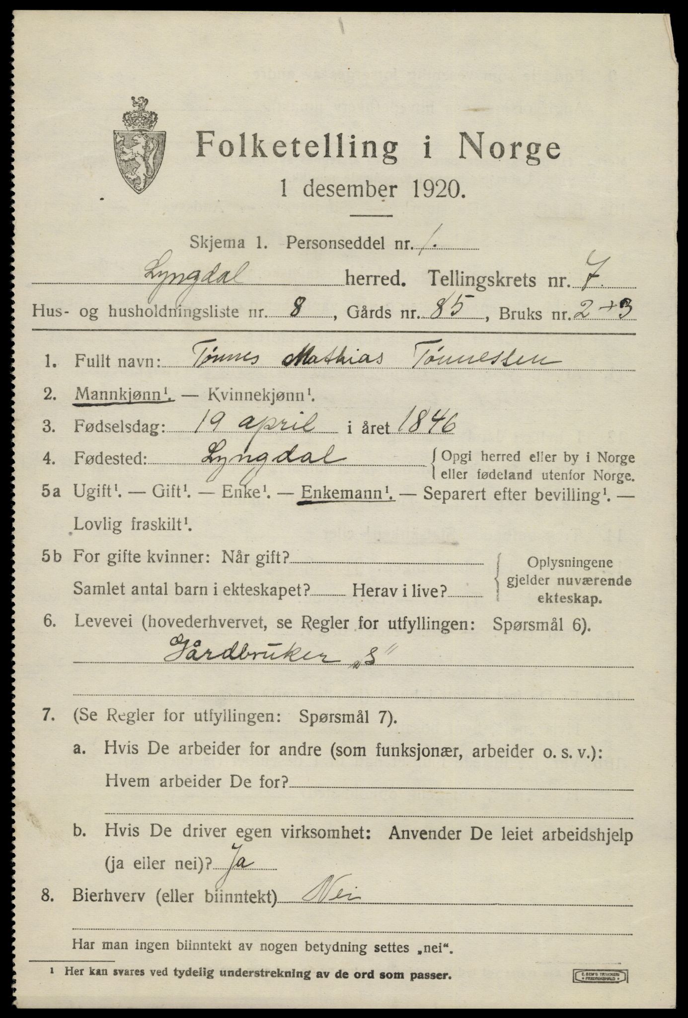 SAK, 1920 census for Lyngdal, 1920, p. 3959