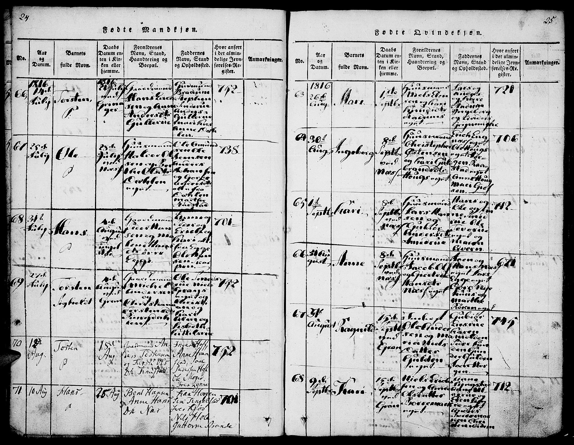 Gran prestekontor, AV/SAH-PREST-112/H/Ha/Haa/L0009: Parish register (official) no. 9, 1815-1824, p. 24-25