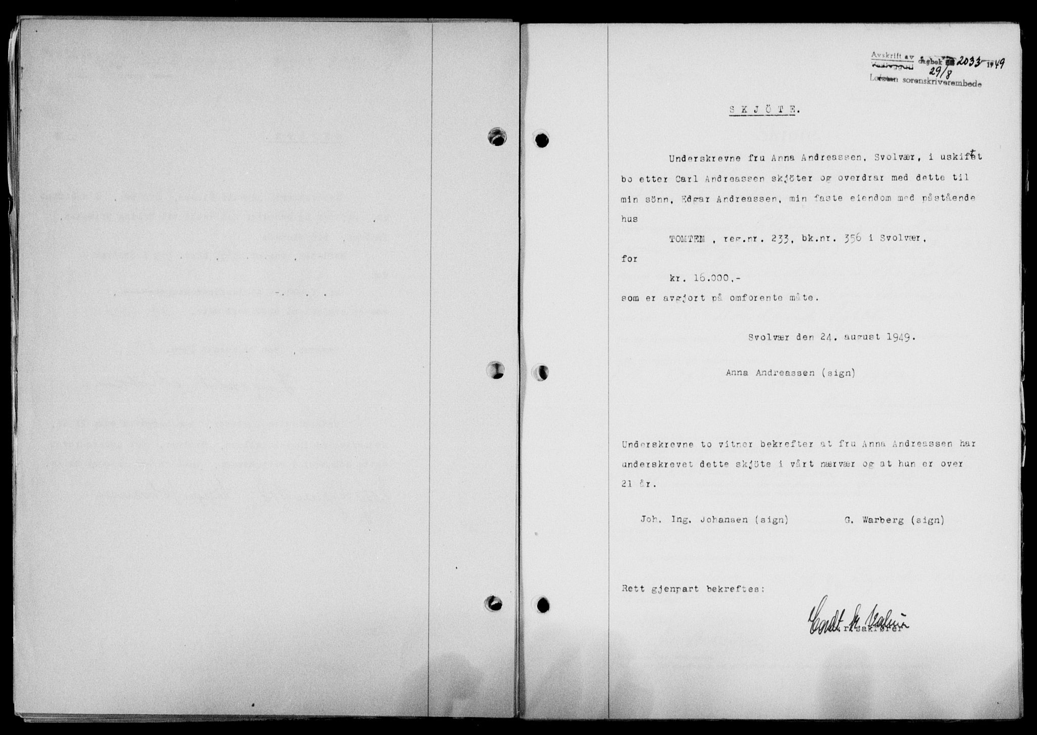 Lofoten sorenskriveri, SAT/A-0017/1/2/2C/L0021a: Mortgage book no. 21a, 1949-1949, Diary no: : 2033/1949