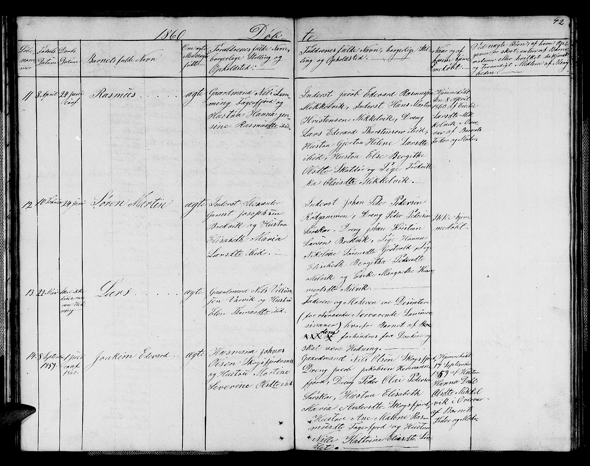 Karlsøy sokneprestembete, AV/SATØ-S-1299/H/Ha/Hab/L0004klokker: Parish register (copy) no. 4, 1845-1870, p. 42