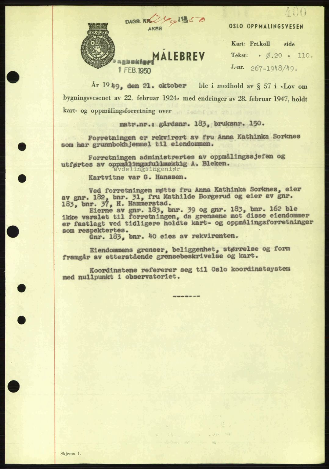 Oslo byskriverembete, AV/SAO-A-10227/G/Gb/Gbd/Gbda/L0017: Mortgage book no. A215, 1949-1950, Diary no: : 1249/1950