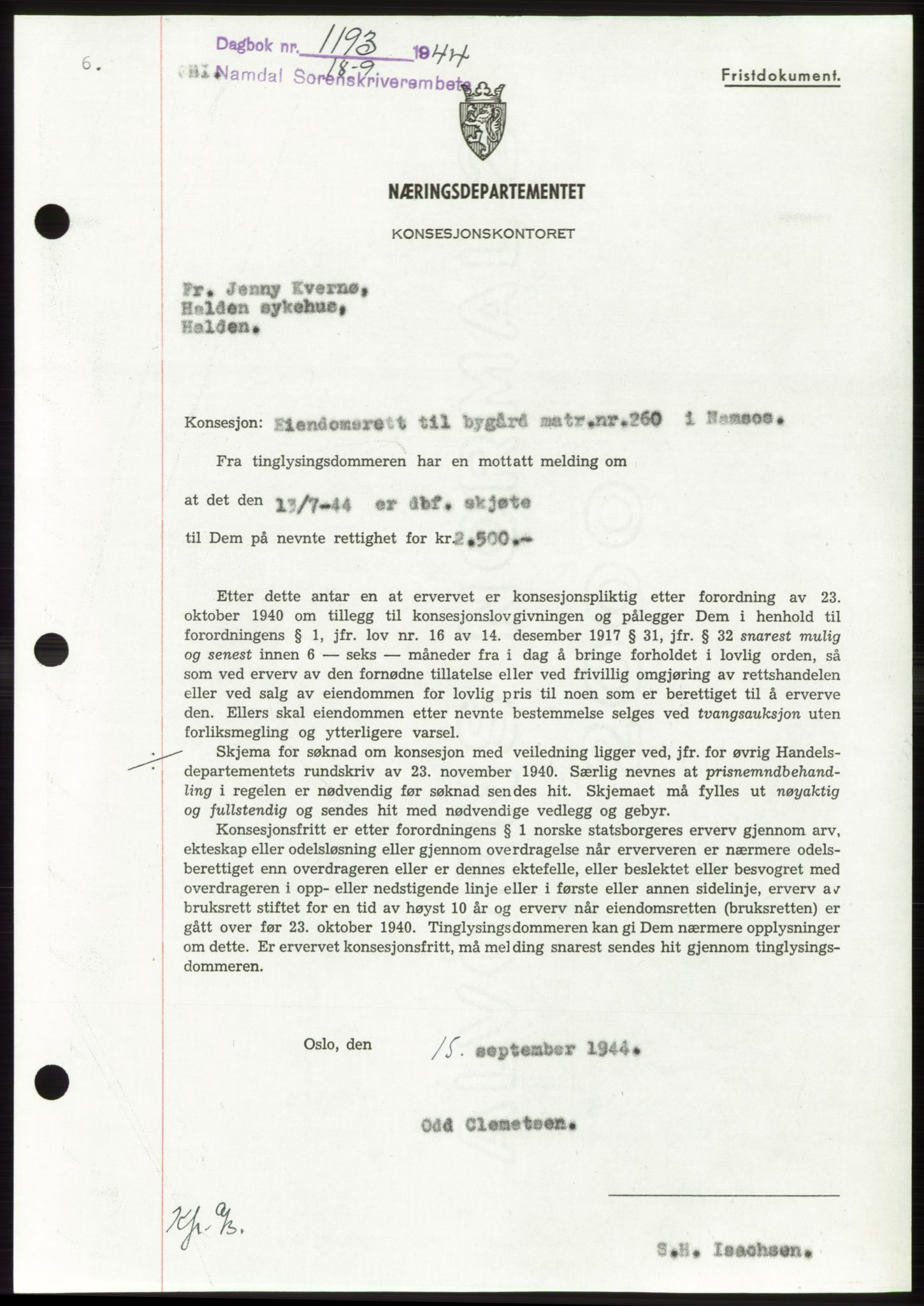 Namdal sorenskriveri, SAT/A-4133/1/2/2C: Mortgage book no. -, 1944-1945, Diary no: : 1193/1944