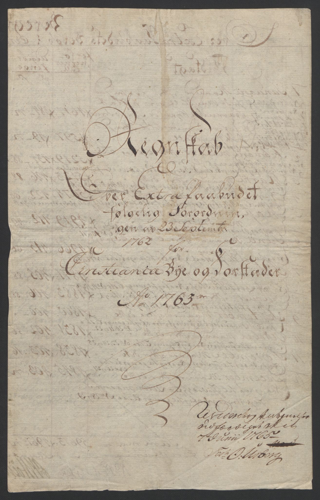 Rentekammeret inntil 1814, Reviderte regnskaper, Byregnskaper, RA/EA-4066/R/Re/L0072/0001: [E13] Kontribusjonsregnskap / Ekstraskatt, 1763-1764, p. 2