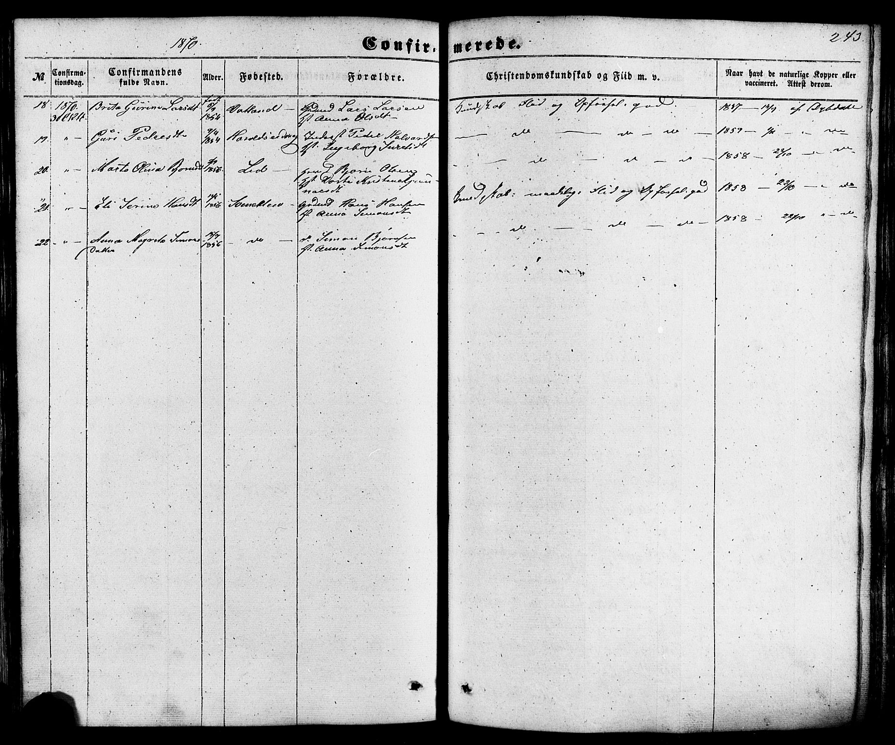 Skjold sokneprestkontor, AV/SAST-A-101847/H/Ha/Haa/L0008: Parish register (official) no. A 8, 1856-1882, p. 243