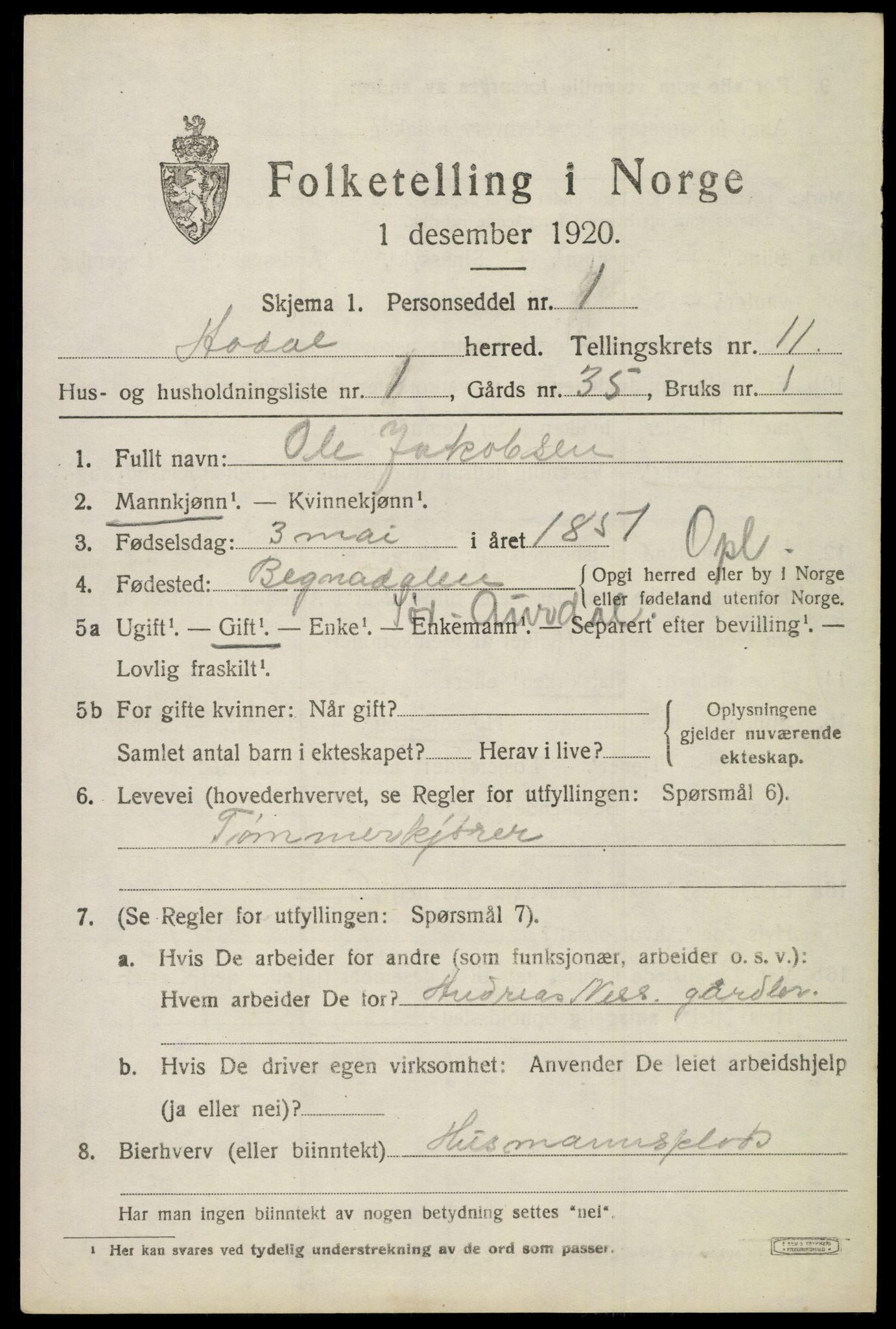 SAKO, 1920 census for Ådal, 1920, p. 6608