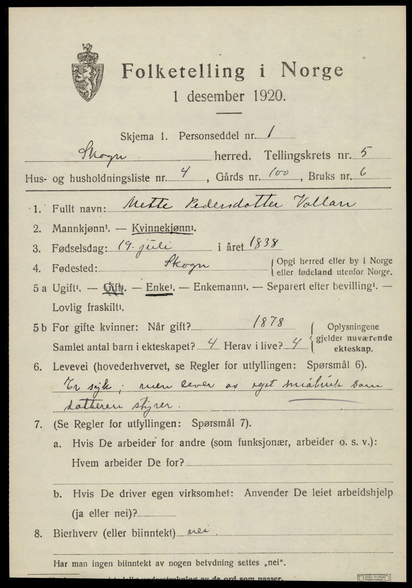 SAT, 1920 census for Skogn, 1920, p. 6511