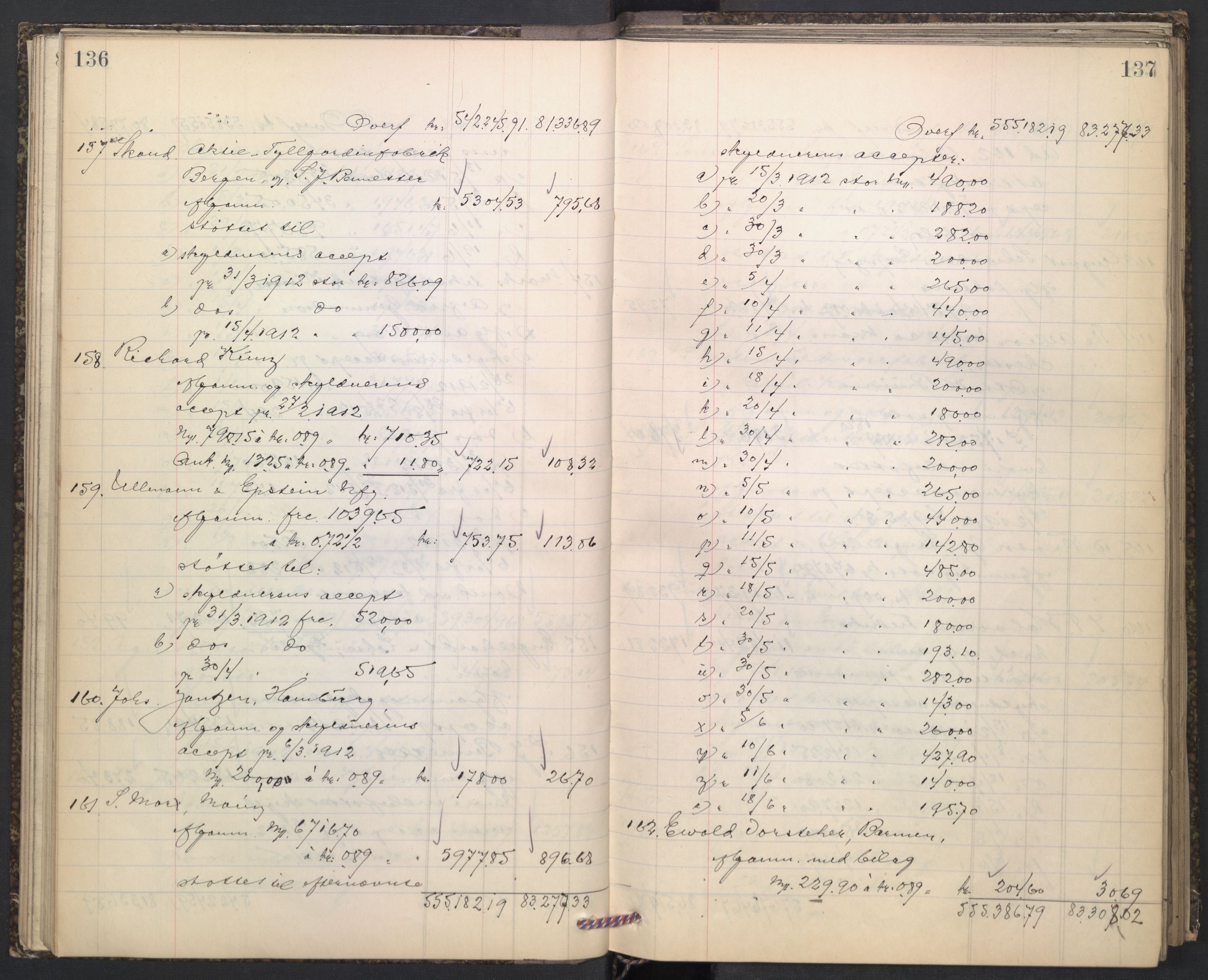 Oslo skifterett, AV/SAO-A-10383/H/Hd/Hdd/L0005: Skifteutlodningsprotokoll for konkursbo, 1913-1915, p. 136-137