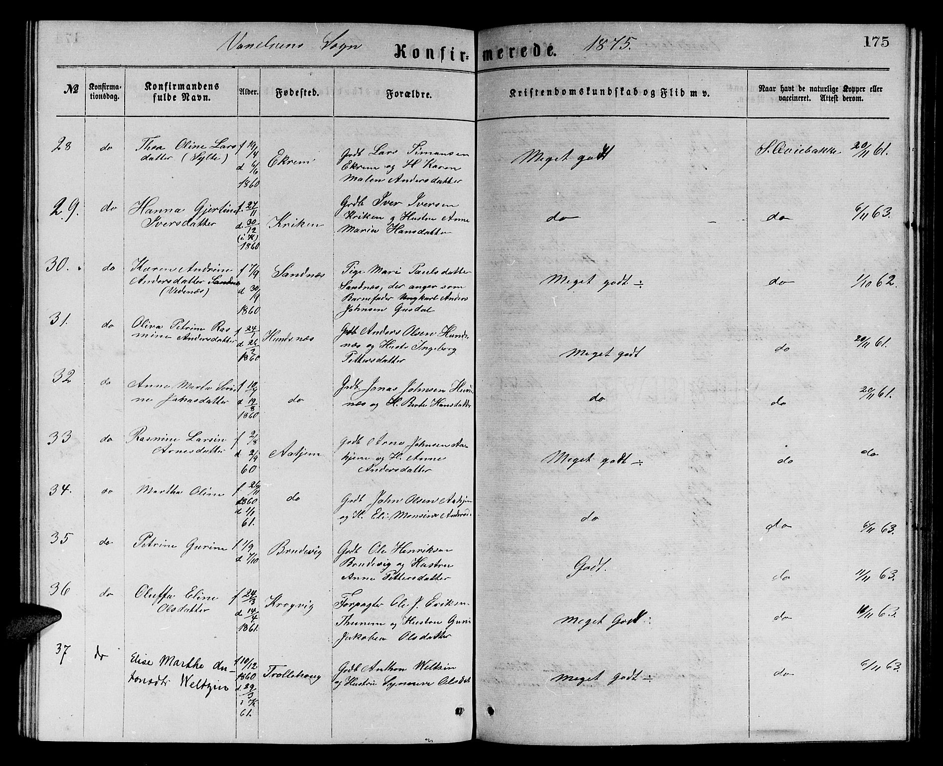 Ministerialprotokoller, klokkerbøker og fødselsregistre - Møre og Romsdal, SAT/A-1454/501/L0016: Parish register (copy) no. 501C02, 1868-1884, p. 175