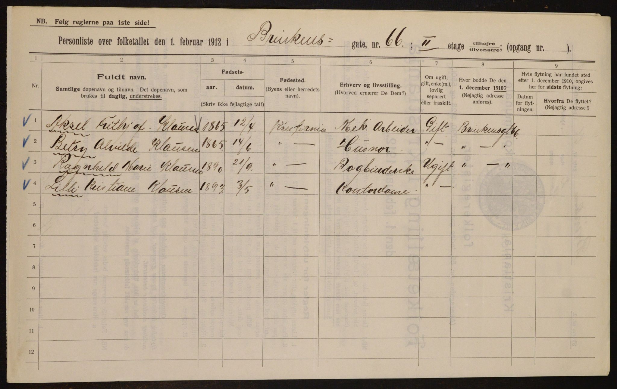 OBA, Municipal Census 1912 for Kristiania, 1912, p. 9012