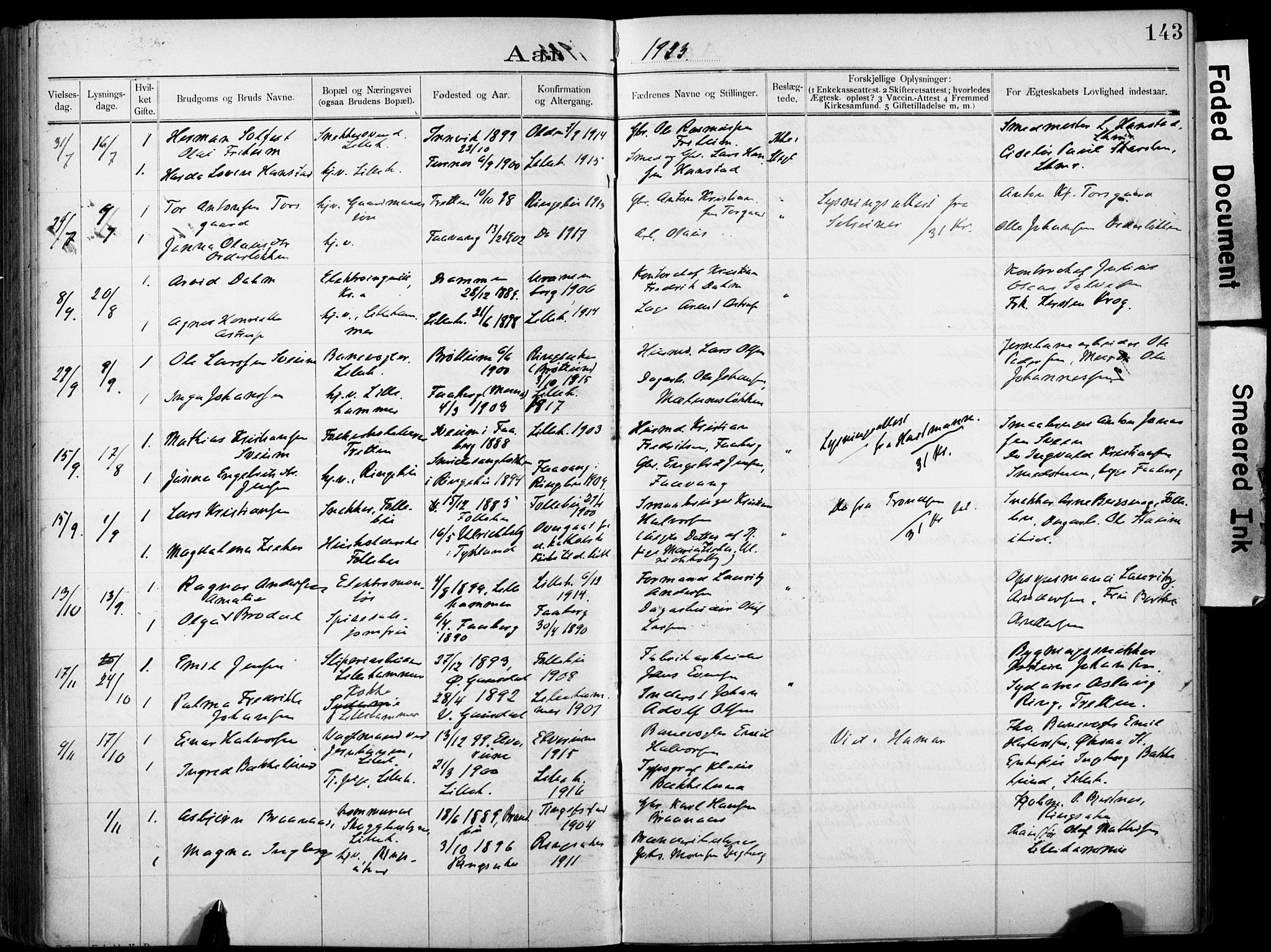 Lillehammer prestekontor, AV/SAH-PREST-088/I/Ie: Banns register no. 1, 1903-1932, p. 143
