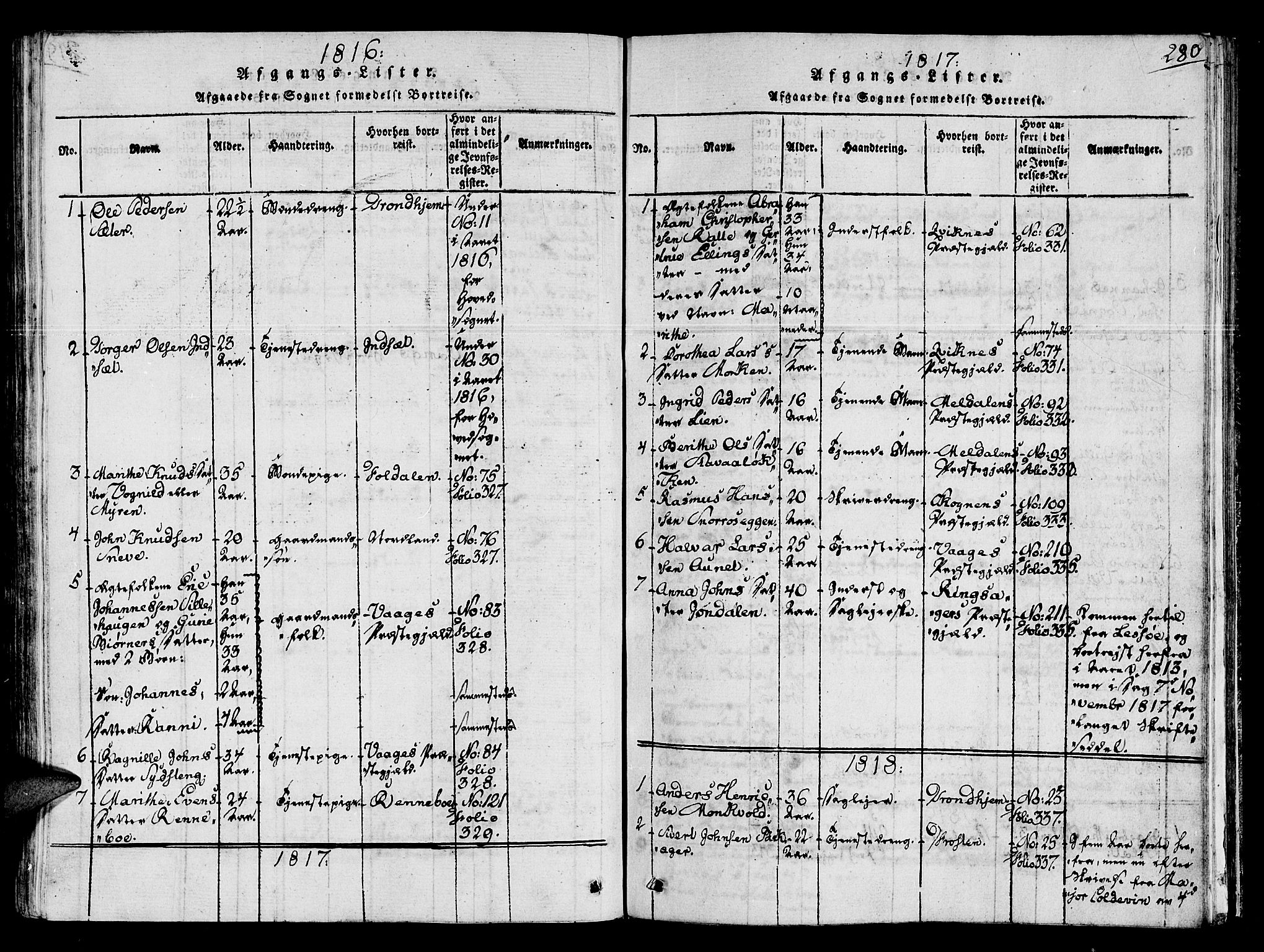 Ministerialprotokoller, klokkerbøker og fødselsregistre - Sør-Trøndelag, SAT/A-1456/678/L0895: Parish register (official) no. 678A05 /1, 1816-1821, p. 280