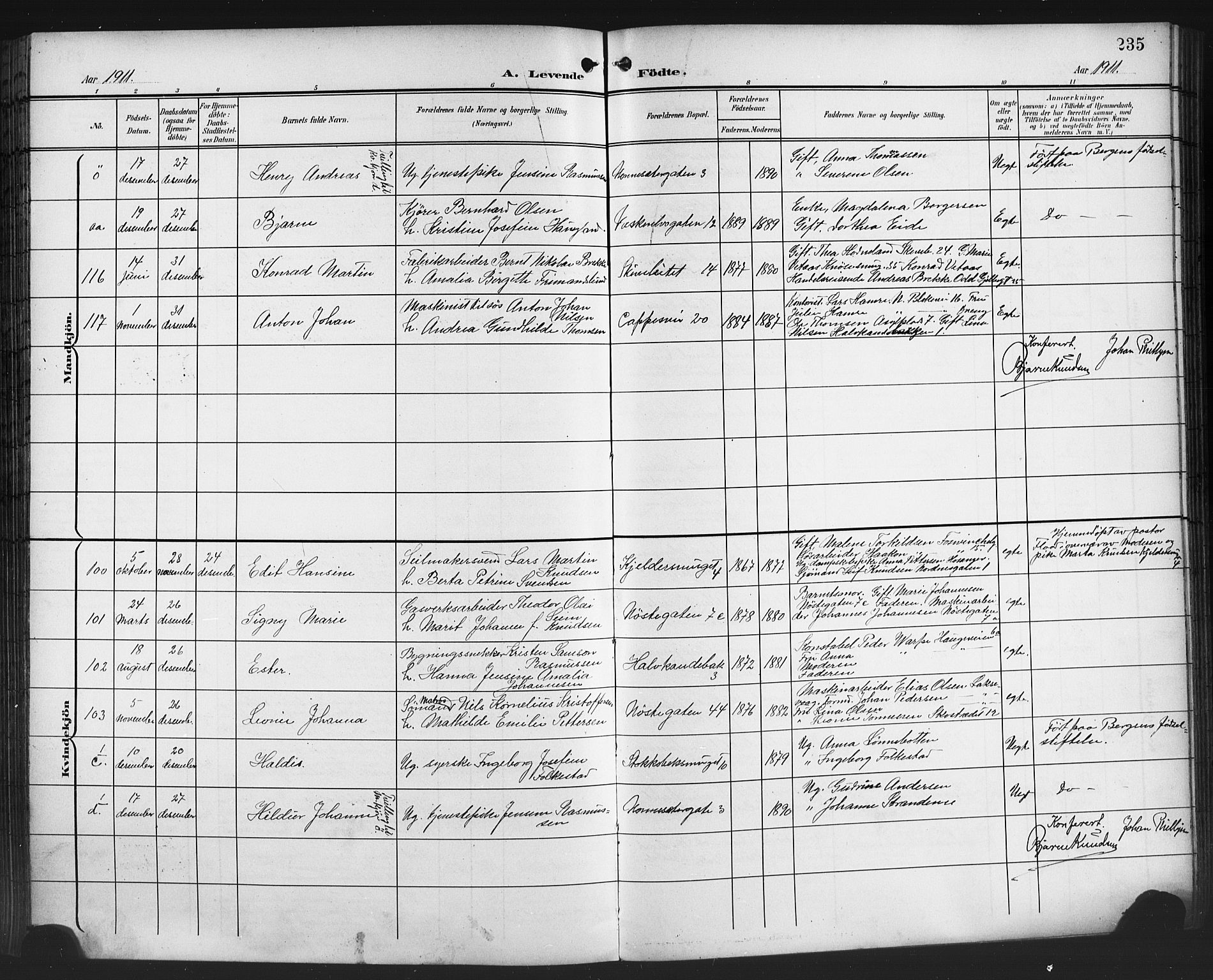 Domkirken sokneprestembete, SAB/A-74801/H/Hab/L0017: Parish register (copy) no. B 10, 1900-1915, p. 235