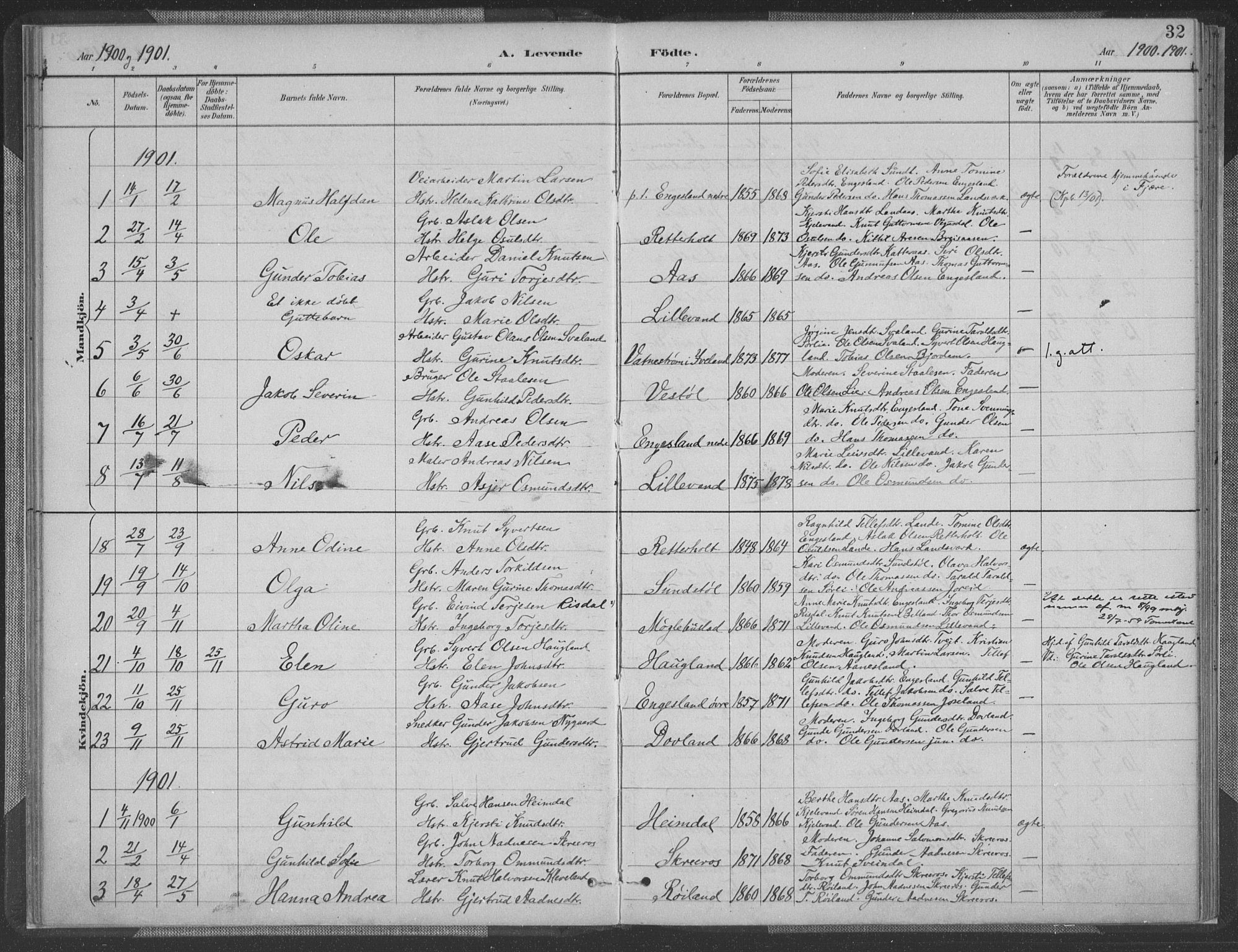 Herefoss sokneprestkontor, SAK/1111-0019/F/Fa/Fab/L0004: Parish register (official) no. A 4, 1887-1909, p. 32